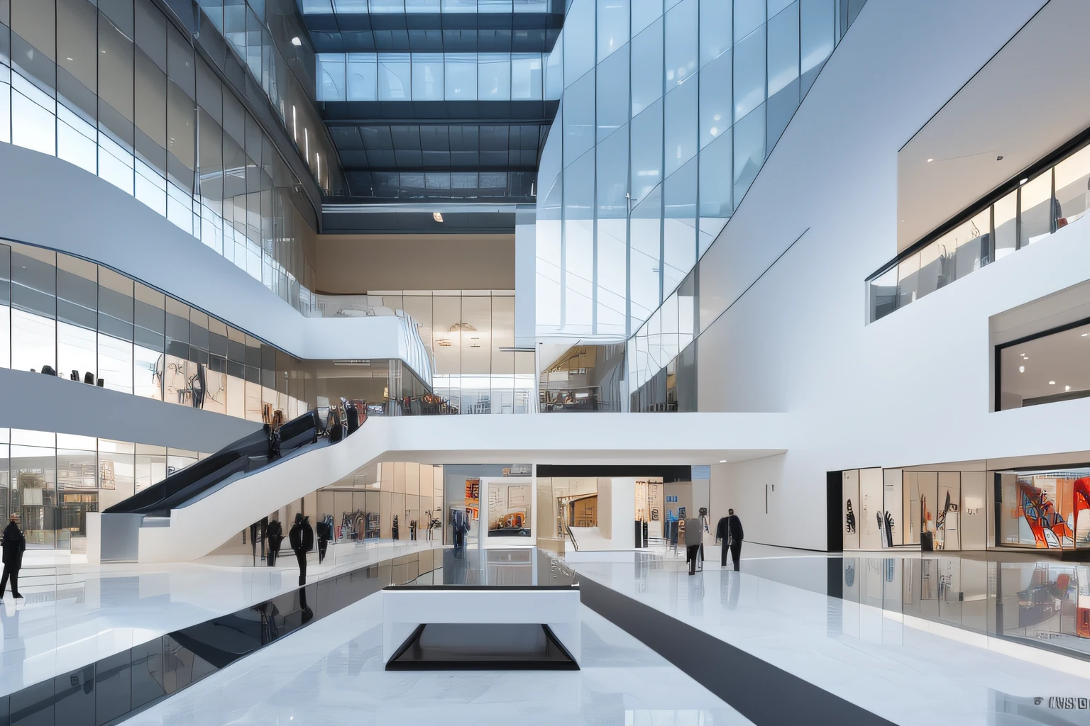 Modern digital showroom,Large space,Art exhibition hall,Three levels of escalators,Exhibition space,gallery,Dynamic screen,Simple scenery,an award winning masterpiece,The details are incredible,Huge exhibition space,Highly detailed architectural details,fashion magazine,fluency,Clear focus,8K,rendering by octane