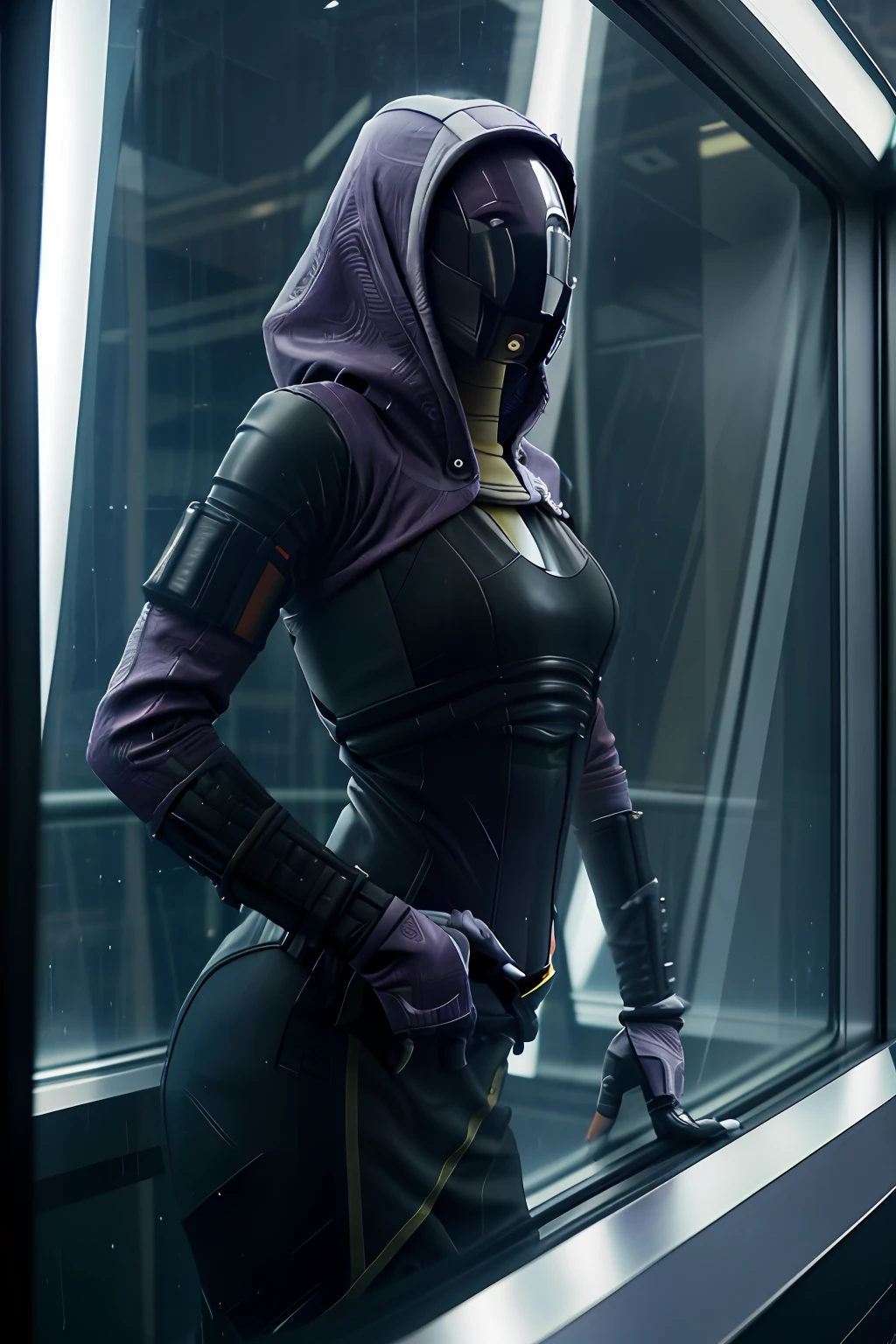 photo of female tali on observation deck on a spaceship , (skinny:1.3), sexy, very tall, rain, wet fabric, hood, purple bodysuit, (reflective mask:1.1), (glass mask:1.3), (helmet, faceless), hood up, alien, inside, facing viewer, wide hips, (high quality photo:1.1)