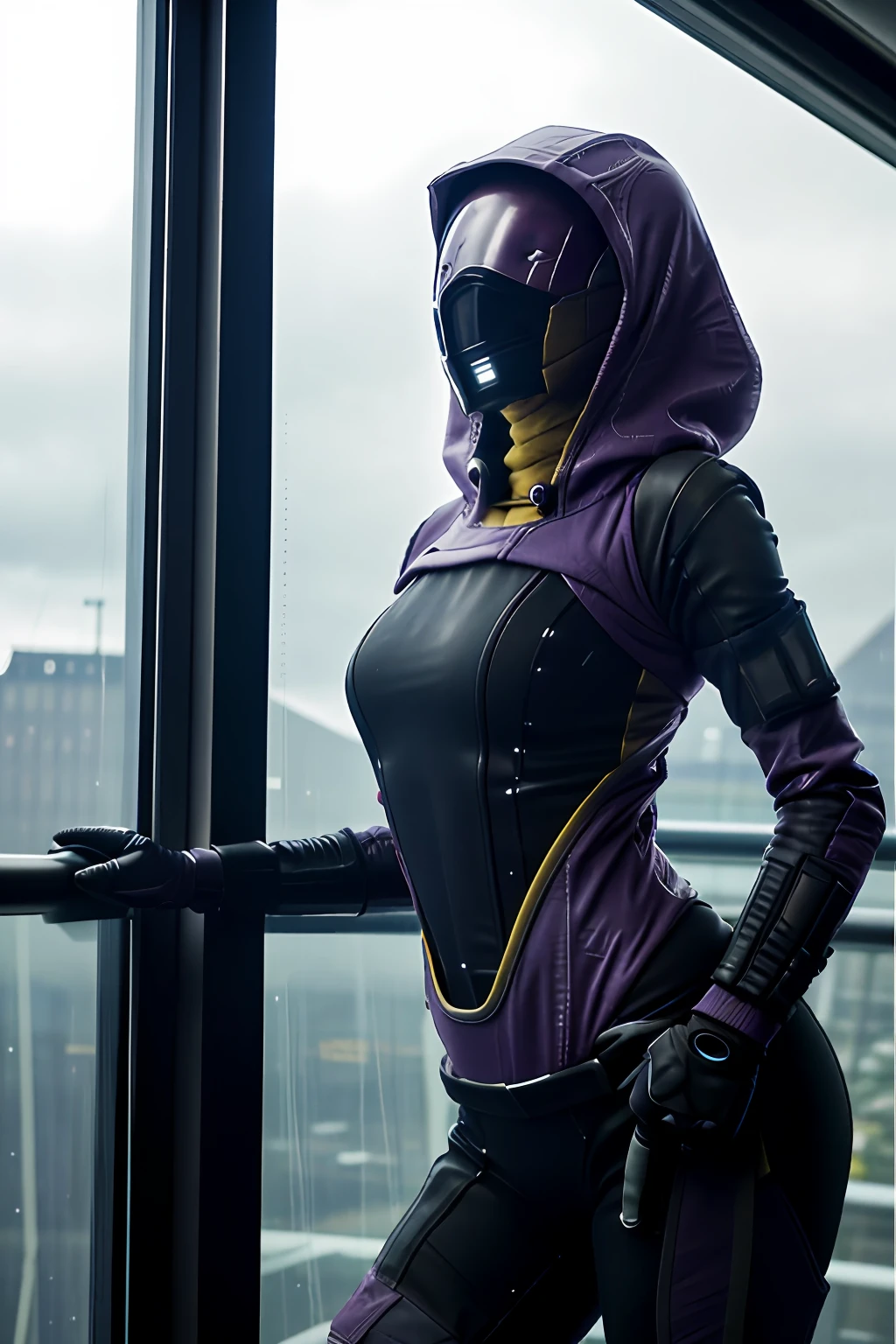 photo of female tali on observation deck on a spaceship , (skinny:1.3), sexy, very tall, rain, wet fabric, hood, purple bodysuit, (reflective mask:1.1), (glass mask:1.3), (helmet, faceless), hood up, alien, inside, facing viewer, wide hips, (high quality photo:1.1)