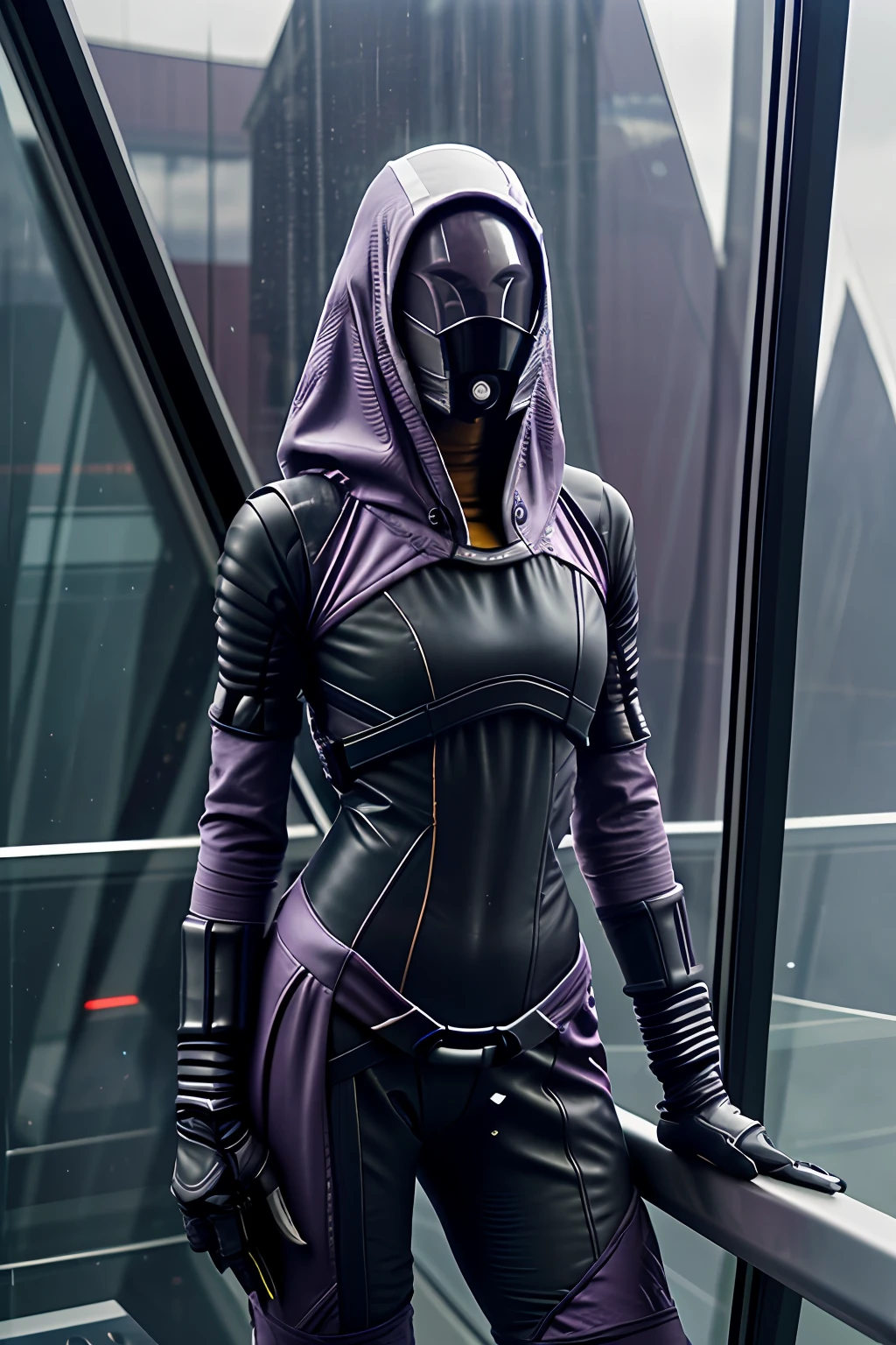 photo of female tali on observation deck on a spaceship , (skinny:1.3), sexy, very tall, rain, wet fabric, hood, purple bodysuit, (reflective mask:1.1), (glass mask:1.3), (helmet, faceless), hood up, alien, inside, facing viewer, wide hips, (high quality photo:1.1)