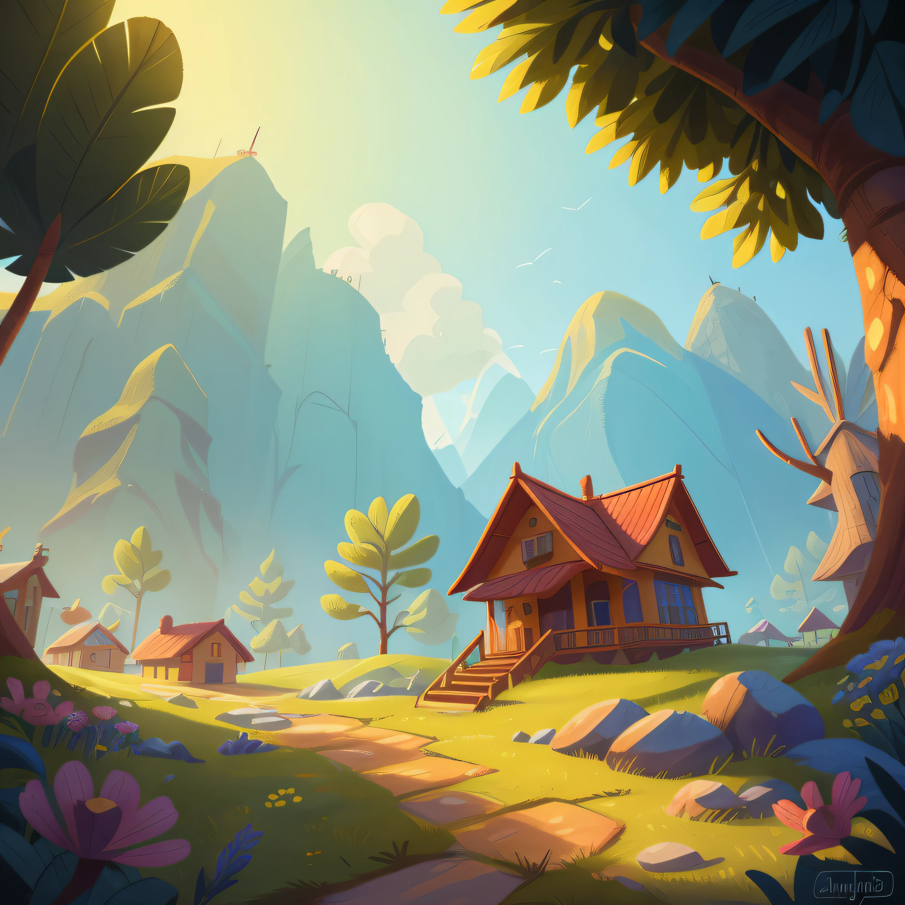 menina em cima de uma montanha, panoramic view from above, stylized digital illustration, arte conceitual dos desenhos animados, simon stålenhag color scheme, 3d rendering stylized, stylized as a 3d rendering, Estilo de Simon Stalinhag,Simon Stalinhag altamente detalhado, arte conceitual pixar, estilo stalenhag, vibrante e colorido, perfect lighting and realistic shadows" qualidade perfeita, foco claro (mess-house: 0.8), (obra-prima: 1.2) (Realista: 1.2) (Bokeh) (Melhor qualidade) (Pele detalhada: 1.3) (Detalhes intrincados) (8K) (Olhos de detalhe) (foco nítido), (Feliz), (Absurdo), (obra-prima), (alta qualidade), (melhor qualidade), (foco nítido), (soft-lighting), realista, (belo), \(tema\) Desenho animado, comic book,Pintura digital, 8k