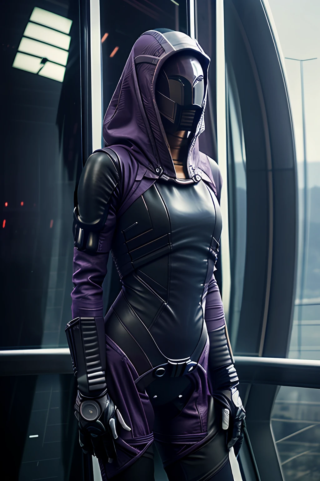 photo of female tali on observation deck on a spaceship , (skinny:1.3), sexy, very tall, rain, wet fabric, hood, purple bodysuit, (reflective mask:1.1), (glass mask:1.3), (helmet, faceless), hood up, alien, inside, facing viewer, wide hips, (high quality photo:1.1)