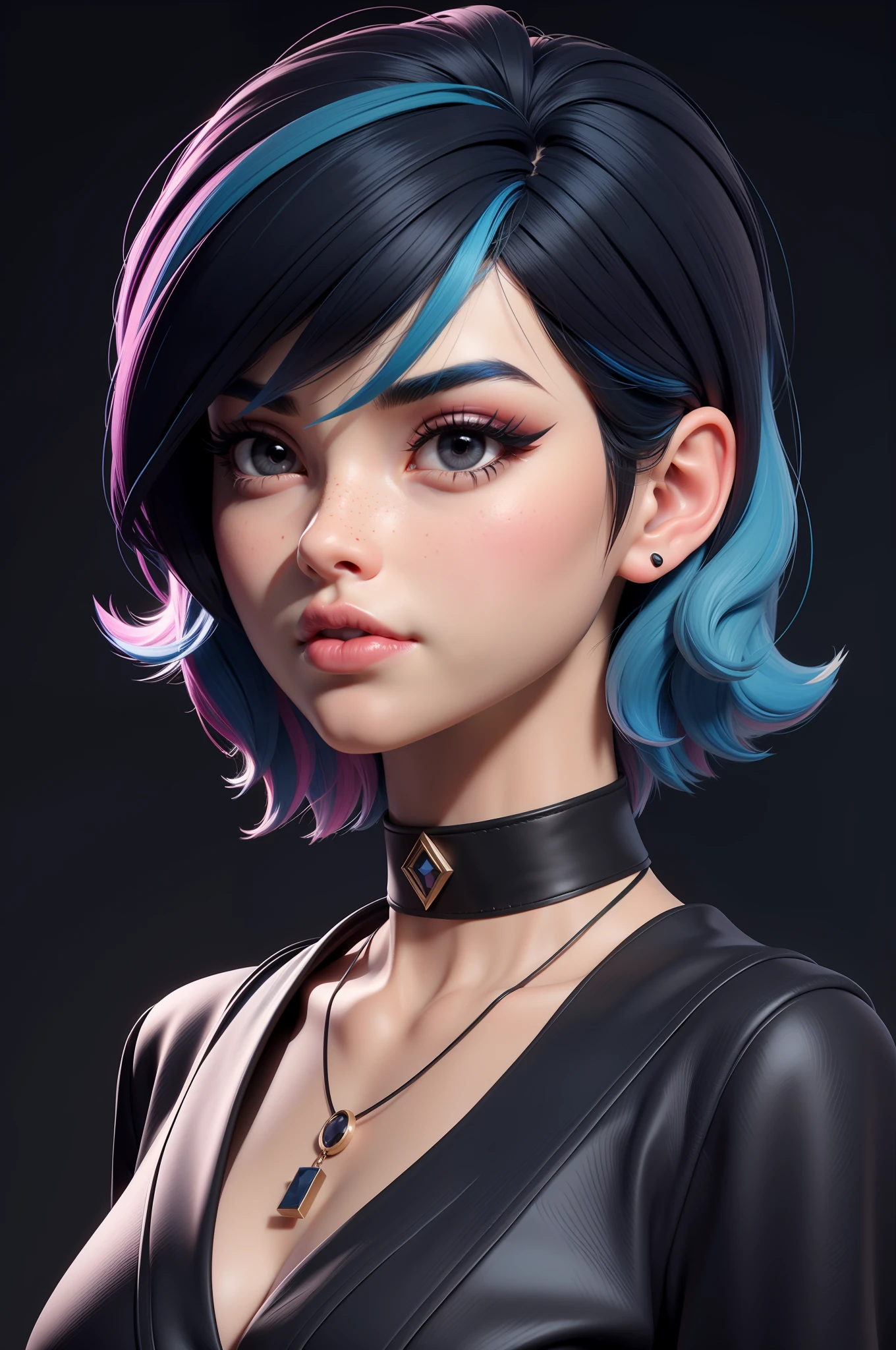 masterpiece, best quality,3d rending work ,3DMM style,close-up,portrait, 3D,1girl, solo, multicolored hair, blue hair, black hair, necklace, freckles, jewelry, two-tone hair, looking to the side, realistic, upper body, simple background, bangs, looking away, short hair, parted lips, black eyes, lips, gothic, choker, makeup, mole, black shirt, shirt, watermark