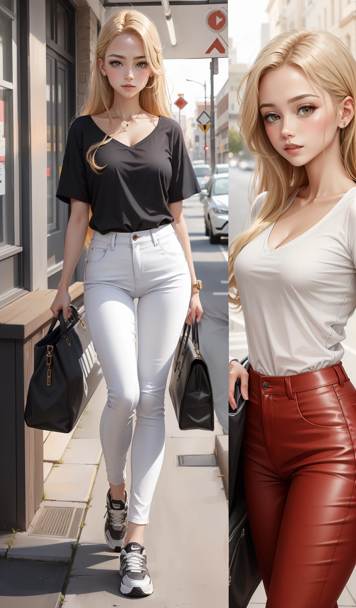 a woman in a white shirt and red pants is playing video game, simple style, wearing elegant casual clothes, muted red, simple clothes, milk and red style, casual clothing style, modern fashion outfit, wearing a fisher , casual modern clothing, inspo, red clothes, red pants, neutral tones, rred and white color scheme, casual business outfit, cute face, nike shoes, 17 years old, adult face, long hair, ((golden brown hair)) and gleaming detailed hazel coloured eyes, slim frame, small breasts, long legs, curvaceous figure