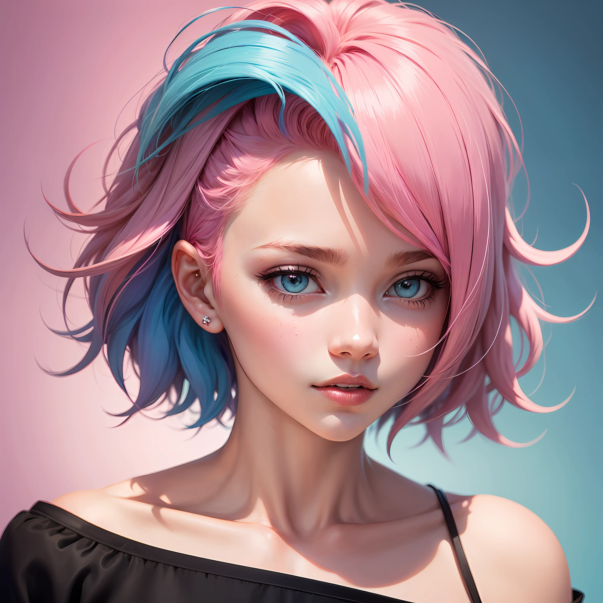 Girl with pink hair and a blue background, beautiful girl with short pink hair, short pink hair, short pink hair, with pink hair, gum hair, headshot profile picture, light pink hair, pink and blue hair, flowing pink hair, color portrait, fairy pastel hair, pink face --auto