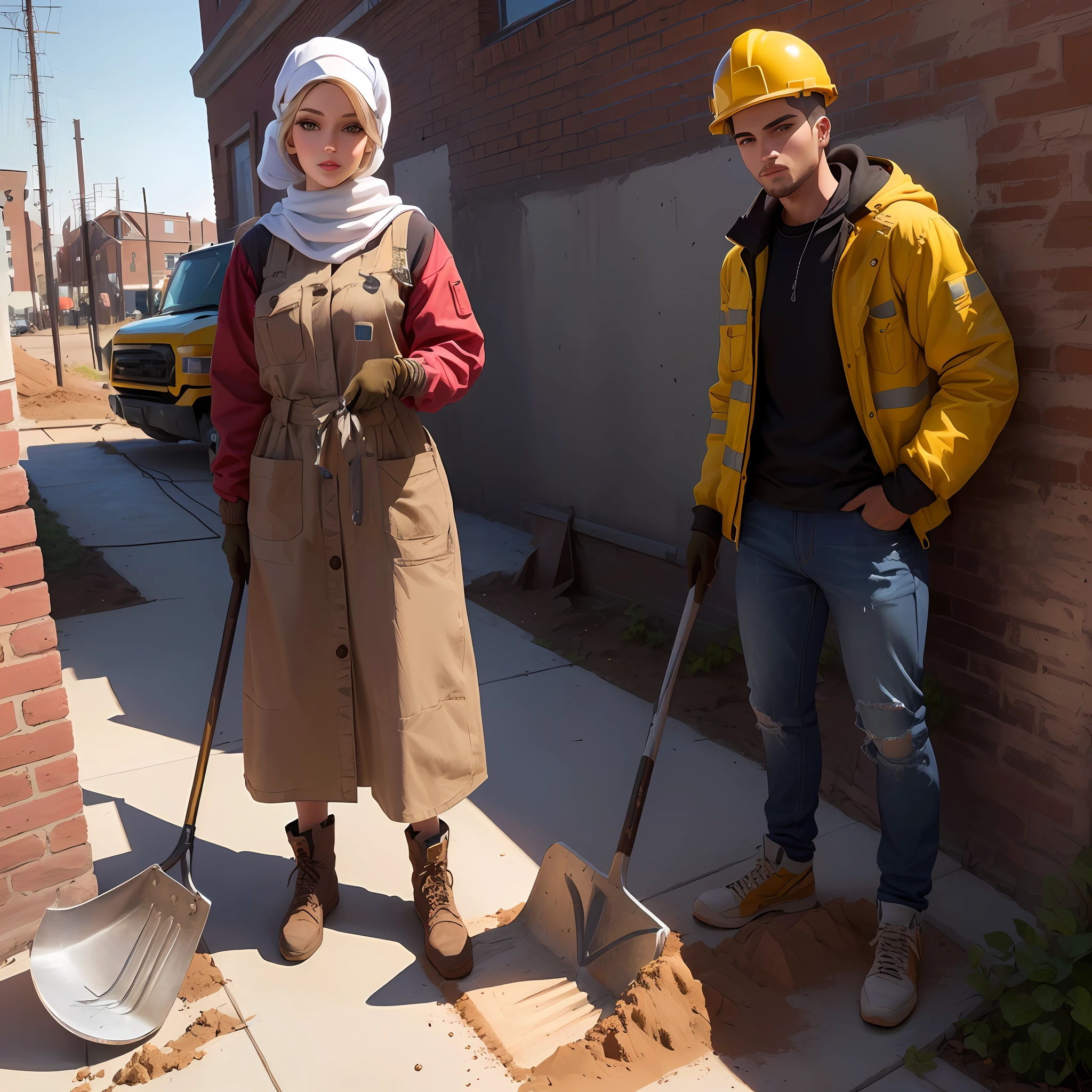original Barbie doll, Dressed in tight mason jeans with cap on head, obra impresionante, Mason with shovel working on a construction site.