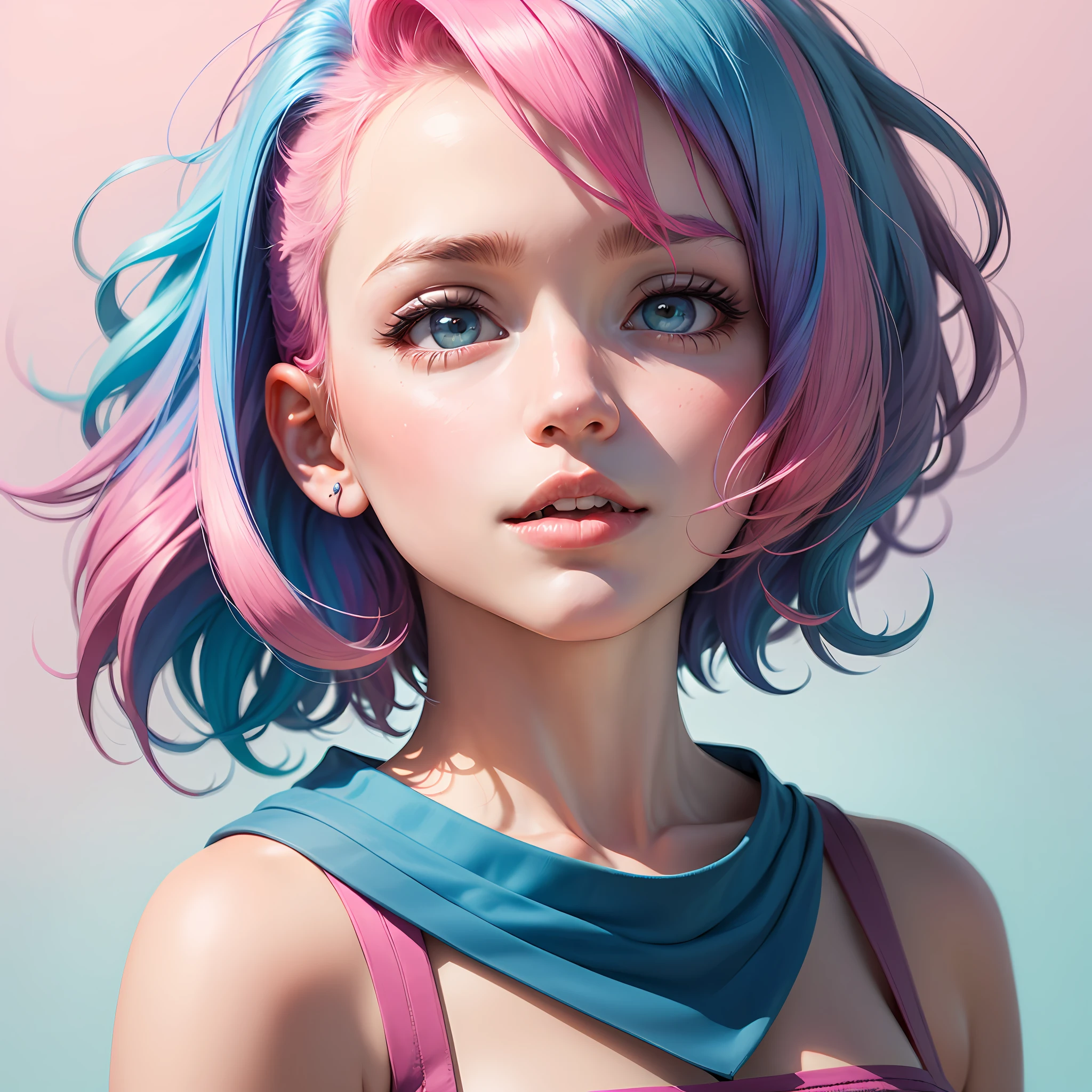 Girl with pink hair and a blue background, beautiful girl with short pink hair, short pink hair, short pink hair, with pink hair, gum hair, headshot profile picture, light pink hair, pink and blue hair, flowing pink hair, color portrait, fairy pastel hair, pink face --auto