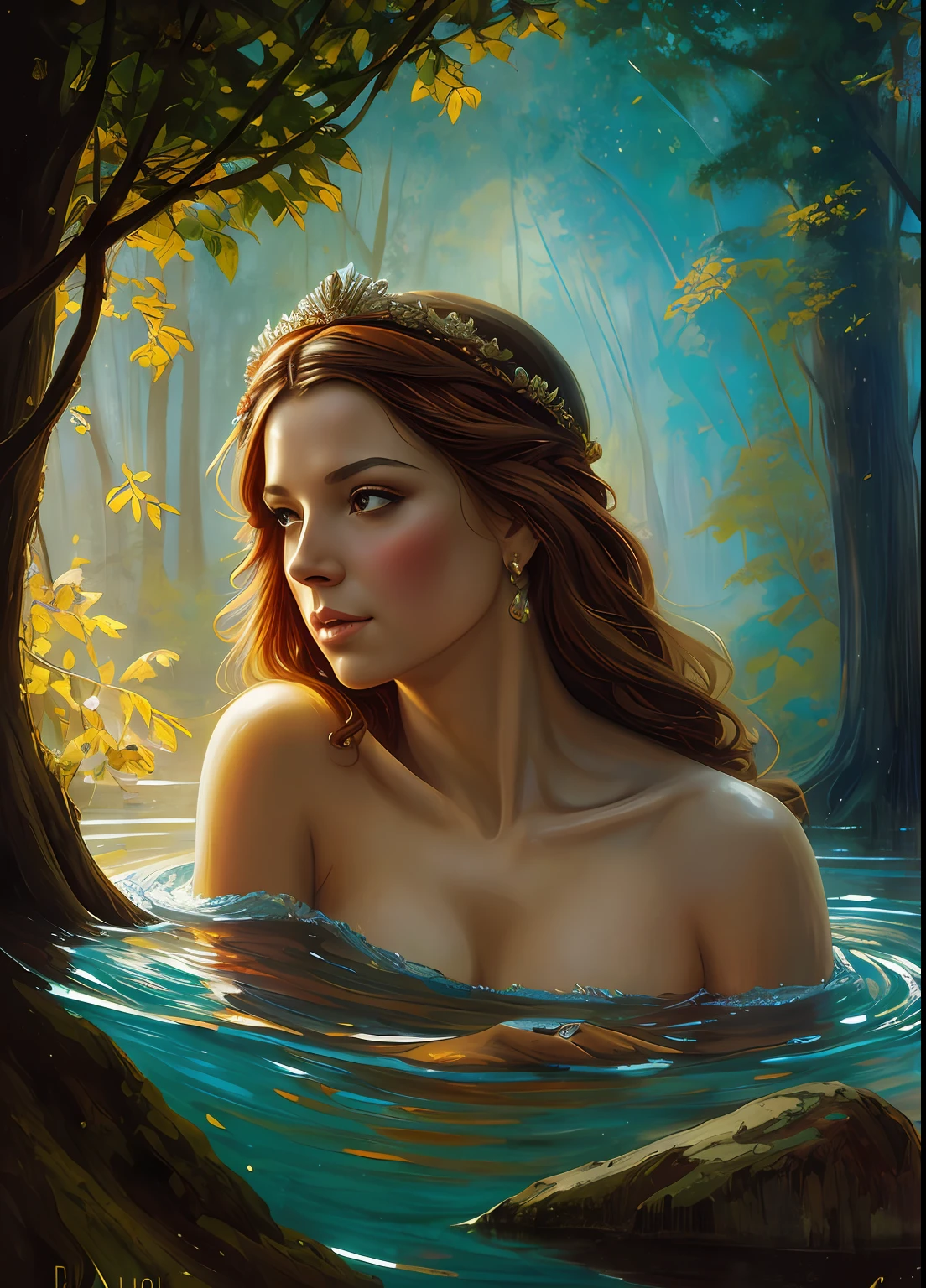 master part, best quality, Greek godess bathing in a lake in a forest below a star-filled night sky, appearing from paint to colored liquid oil, swirling ink, Cinematic lighting, Directed by: Karol Bak, Pose de corpo inteiro, ÂngelaBaby, ((pintura, lona, belas artes)), circunstanciado, (Arte de Fantasia), Fresco, ((Arte Digital)), (digital illustation), 4k, Colors of the Autun trend in ArtStation, trending in cgsociety, cinemactic, Agfacolor, low coloration, Norman Rockwell, Franz Xaver Winterhalter, Jeremy Mann, Artgerm, Ilya Kuvshinov, Anjos Cecile, Michael Garmash