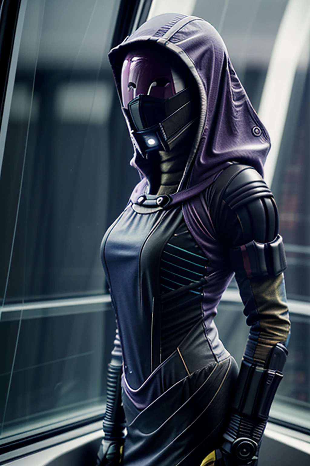 photo of female tali on observation deck on a spaceship , (skinny:1.3), sexy, very tall, rain, wet fabric, hood, purple bodysuit, (reflective mask:1.1), (glass mask:1.3), (helmet, faceless), hood up, alien, inside, facing viewer, wide hips, (high quality photo:1.1)