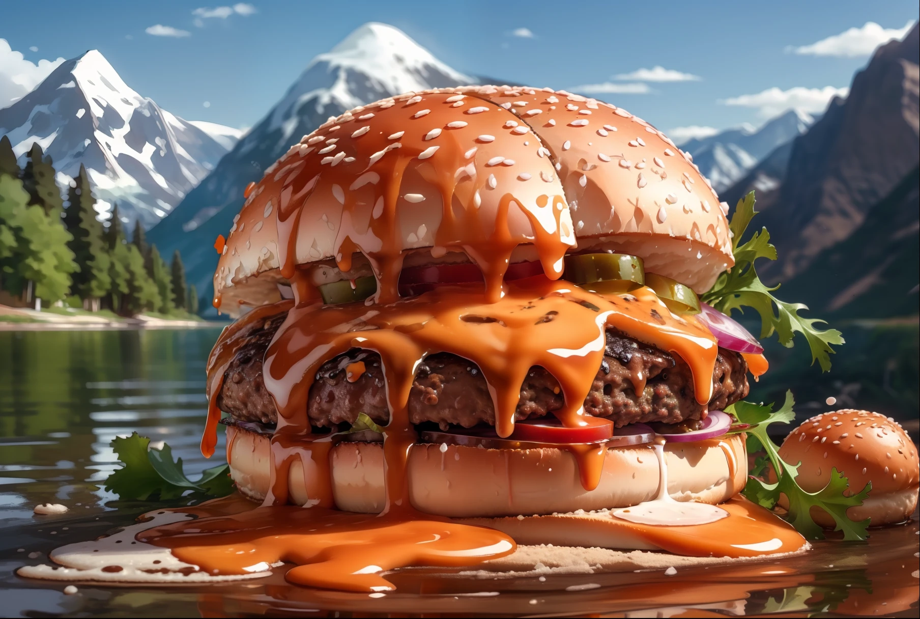 (masterpiece, top quality, best quality, beautiful and aesthetic:1.2), extremely detailed, highest detailed,humburger,burger photo,  white background, scenery, ink, mountains, water, trees