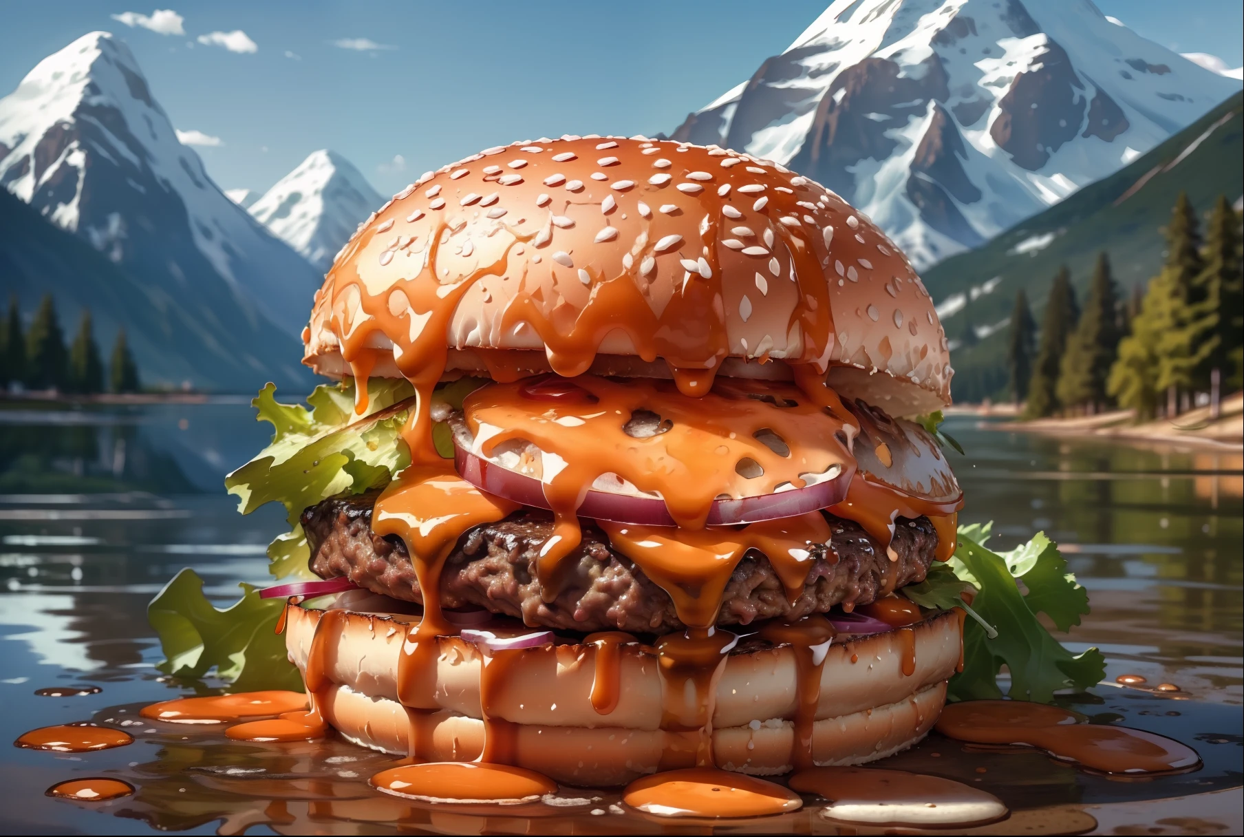 (masterpiece, top quality, best quality, beautiful and aesthetic:1.2), extremely detailed, highest detailed,humburger,burger photo, white background, scenery, ink, mountains, water, trees