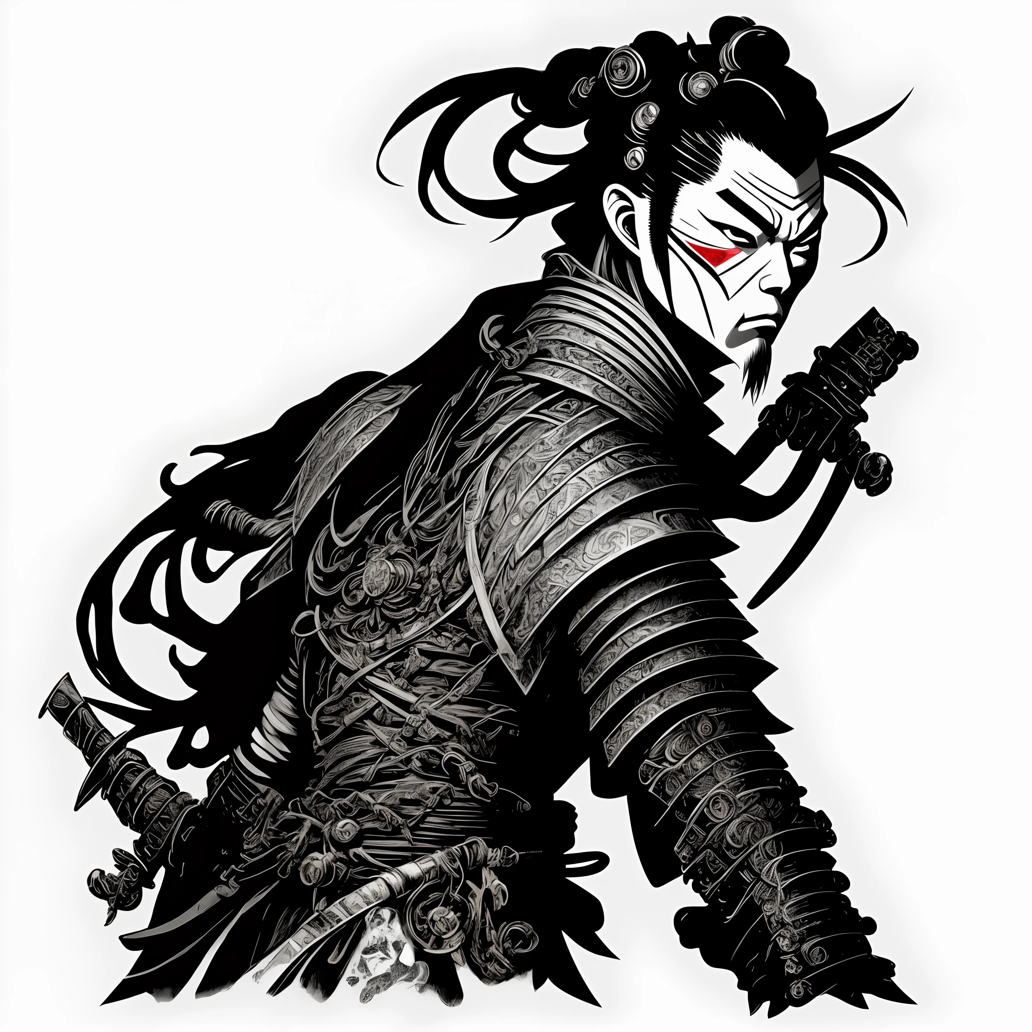 illustration of a steampunk Samurai (on a white background:1.4) as a t-shirt logo in the style of art