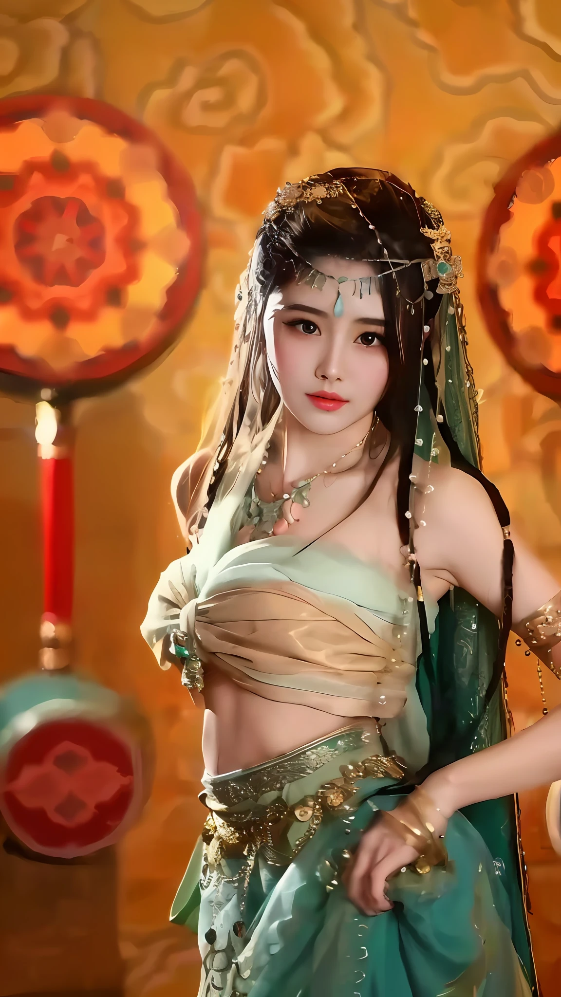 Alawi woman in green dress，Wear veils and jewelry, Beautiful goddess, a beautiful fantasy empress, ((a beautiful fantasy empress)), Beautiful teenage girl, portrait of a beautiful goddess, Traditional beauty, Beautiful oriental woman, Princesa chinesa antiga, beautiful fantasy maiden, inspired by Du Qiong, China Princess, a stunning portrait of a goddess, young goddess