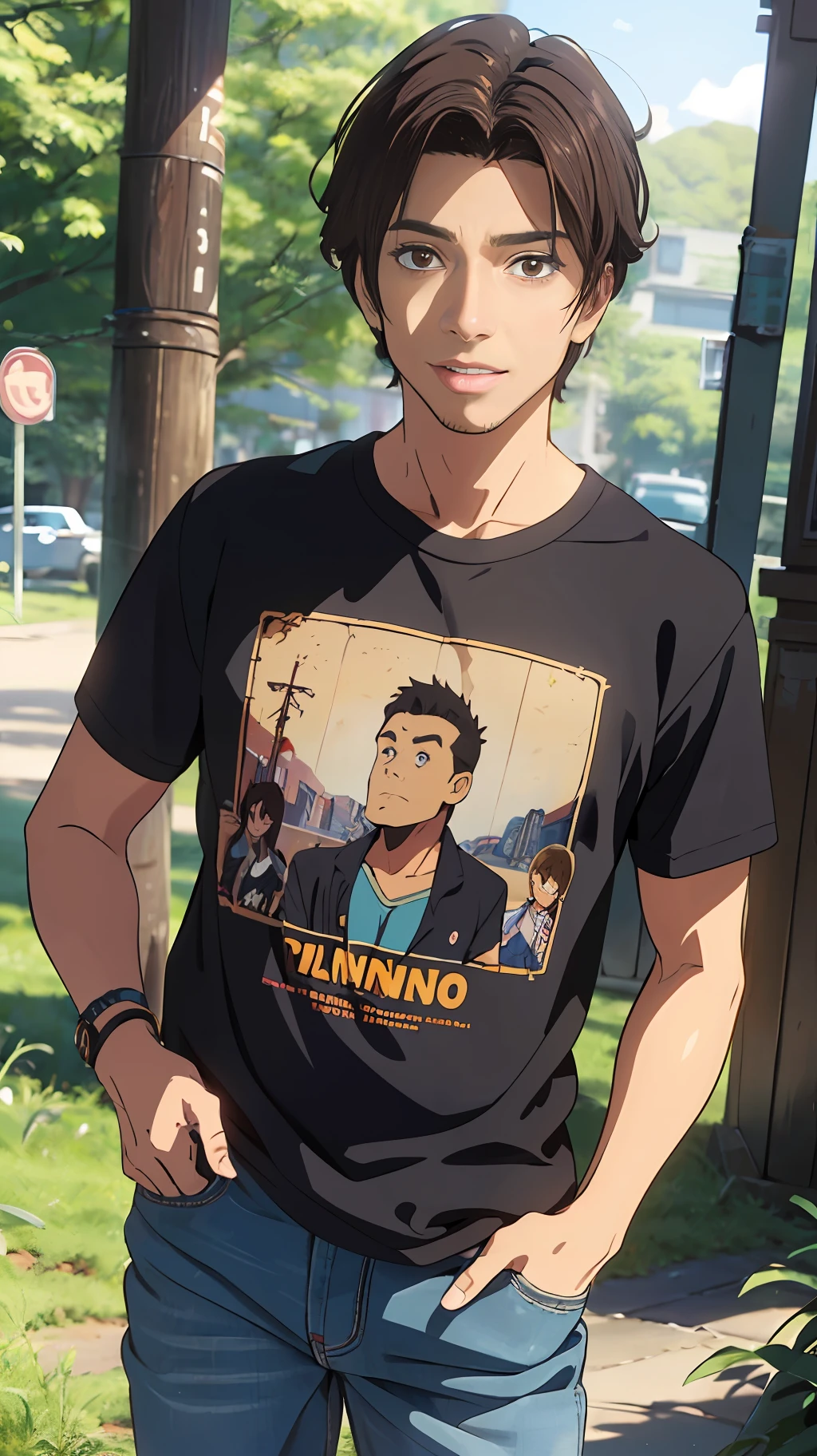 Homem de 17 anos com cabelos castanho escuro, olhos castanhos, lindos olhos, lindo sorriso, jaqueta preta, detalhe na jaqueta com a frase escrito ( @thiago_arte_digital ), camiseta branca, Denim Jeans Pants, standing on the grass, Em toda parte, de frente, olhando para os telespectadores, imagem ultra realista, imagem super detalhas, perfectly detailed facial expression, charismatic facial expression, Details in high resolution brown hair, casual wear, slim), (menino: 23 anos, cabelo curto, cabelo liso, cabelo moreno, franja, casual wear), Fund is Department of Public Safety, desenho diorama, anime, UHD, pele texturizada, alta qualidade, alto detalhe --auto --s2