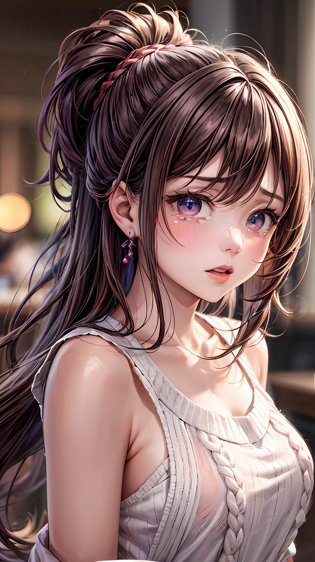 masterpiece, 1girl, merlot hair, ponytail, merlot eyes, tears, merlot sweater, running, restaurant, upper body