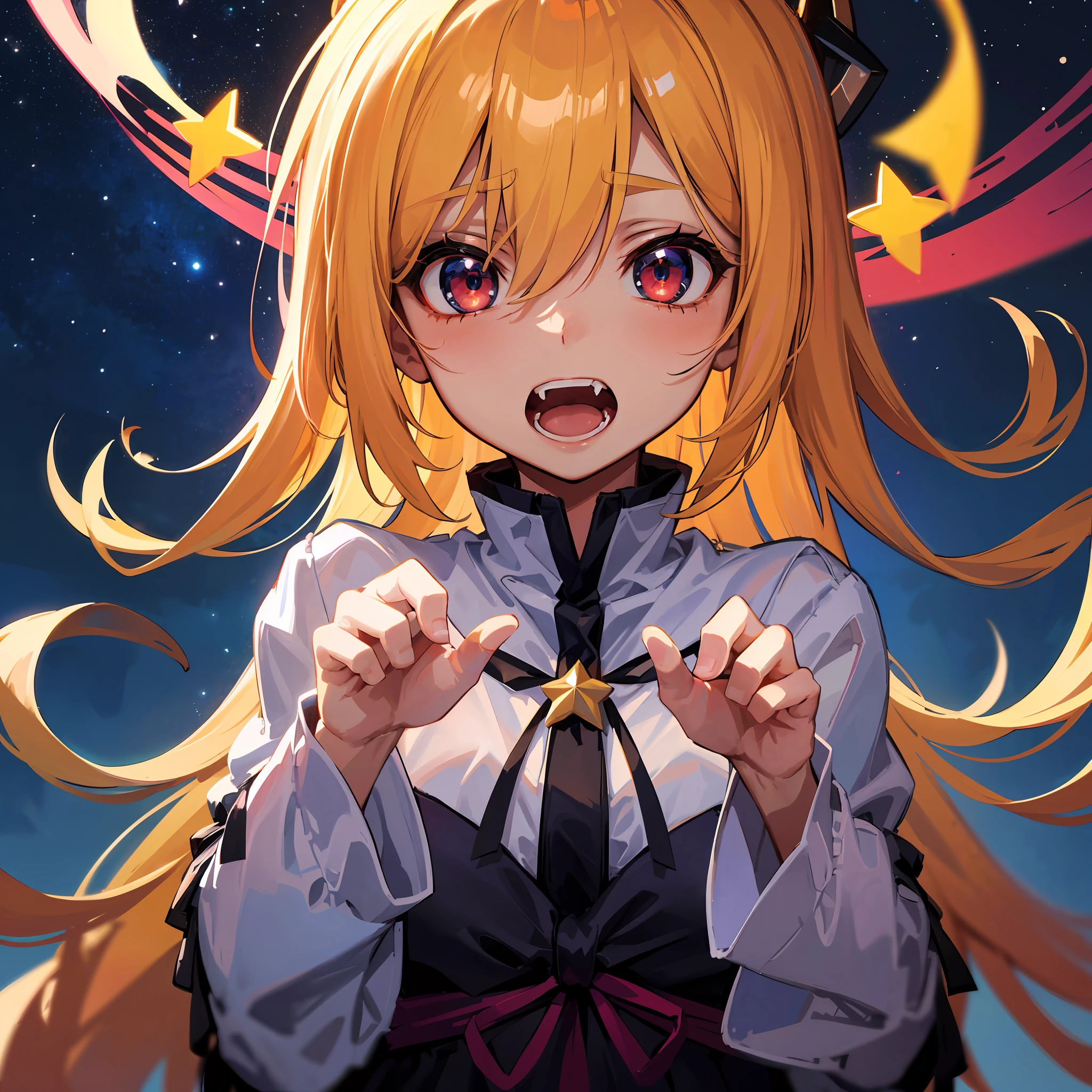 masterpiece、top-quality、Fantastical、 about 5 years oldd Eyes、Vampires、Shinobu Shinobu、(robe blanche、Mouth open、Fangs are visible、Kawaii Girl、1 girl in、night landscape、Glowing in the dark night、5 fingers、(eyes are large:1.2)、The whole body is shown、Stars shining in the night sky、