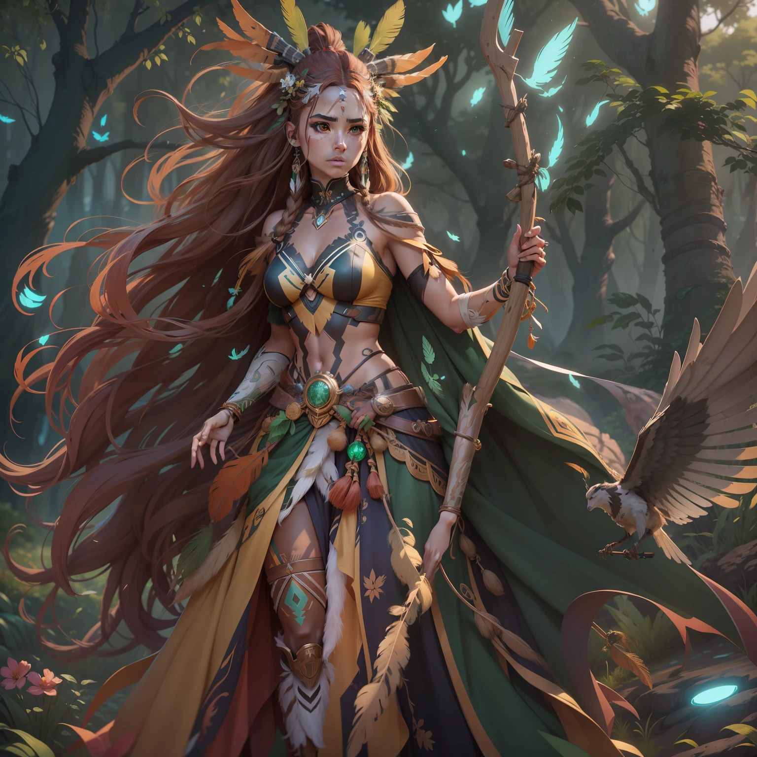 anime style, Goddess of the Hunt, Demeter, Huntress, bow, full body, Brown skin, long flowing hair. Green eyes sparkle. indigenous, native, fauna symbols, bird feathers. Futurism, sci-fi, ultra-detailed digital Lineart, Horizon Zero Dawn style, 8k, volumetric lighting, concept art.