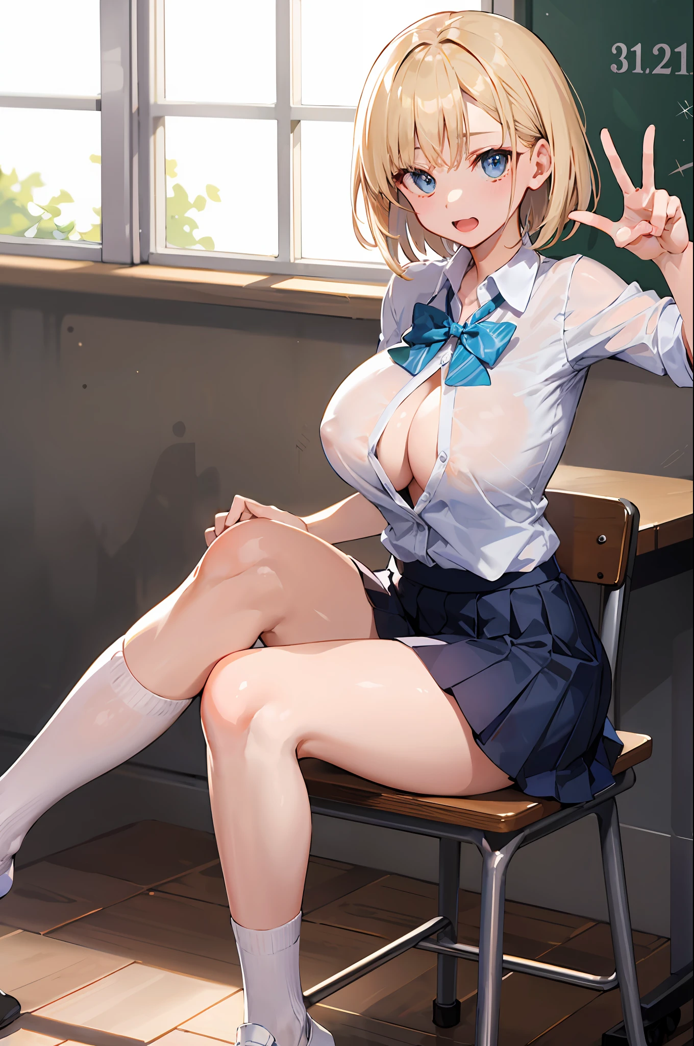 ​masterpiece、best qualtiy、A detailed、Female 1 Person、18year old、blue eyess、a blond、short-hair、White transparent blouse、Unbuttoned blouse、Pleated skirt、Twisted skirt、Colossal tits、Colossal tits、‎Classroom、Peace sign by hand、Sit at a desk with your legs wide open、Bend your knees and open your legs、White panty、high socks