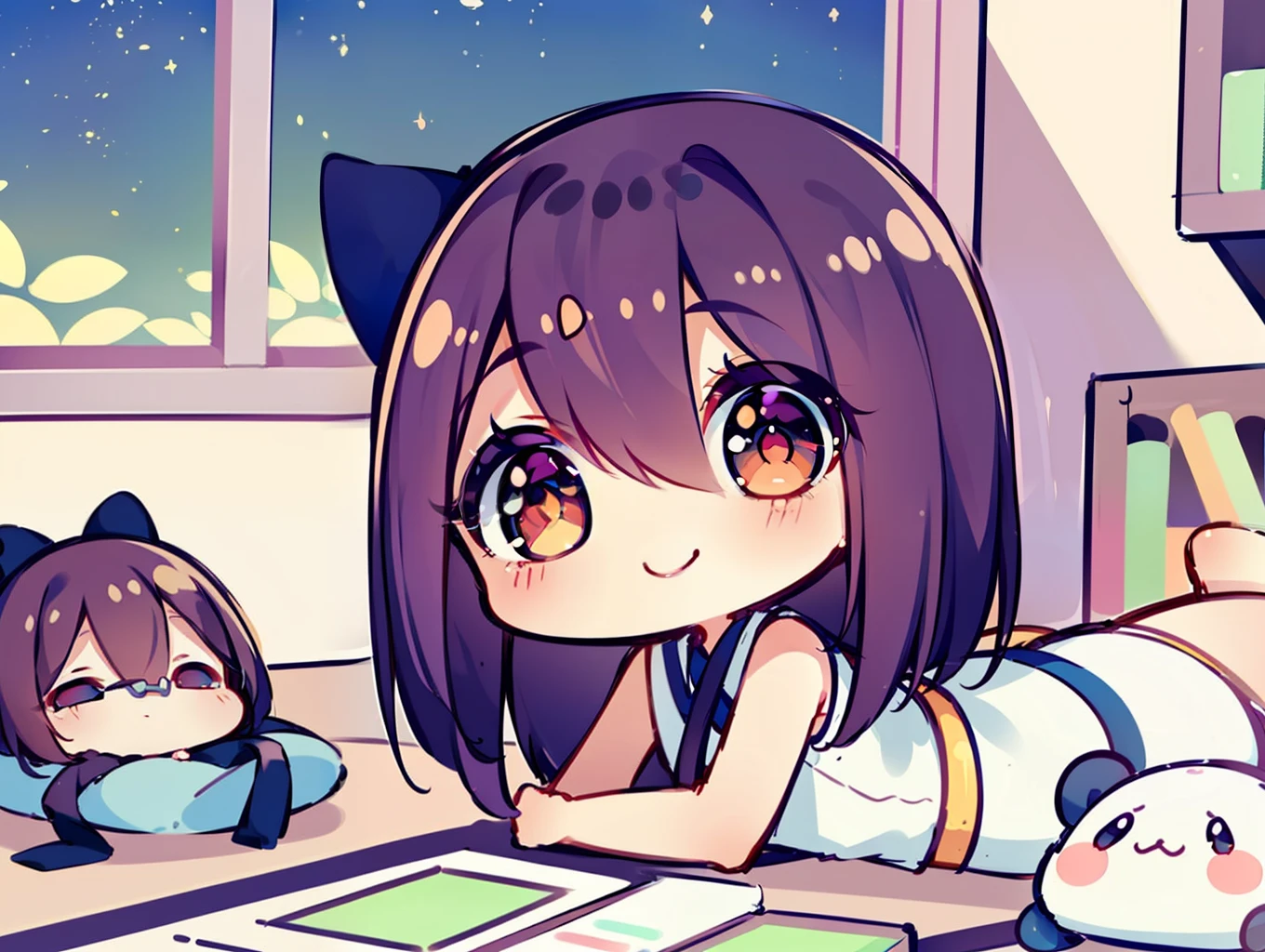(masterpiece、top-quality:1.2), The upper part of the body, 独奏, 1girl in, florals \(v3\), a smile, Look at viewers, lying on one's side, On the stomach, length hair, sleeveless shirts, bedroom, plushies, bookcase, window, Chibi, ((Chibi Chara)), kirakira, Optical Axis