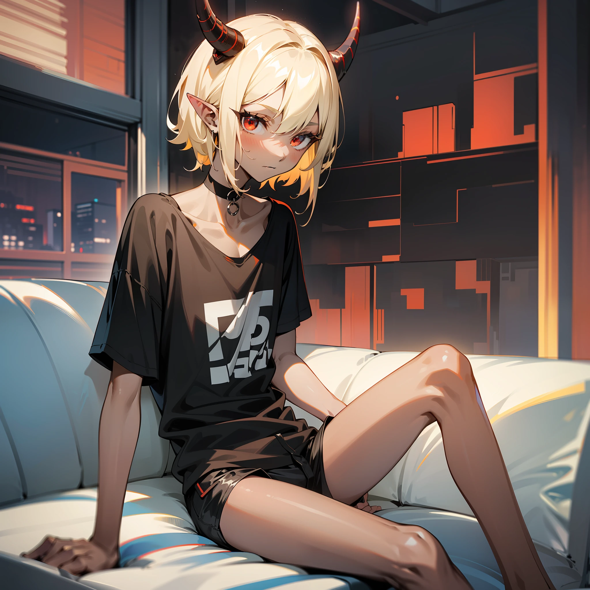 young man, twink, (((male))), (((man))), (((one person))), ((single)), ((solo)), ((1guy)), (((light blonde hair))), ((medium short hair)), (chin-length hair), (straight hair), (((red colored eyes))), (((dark grey colored skin))), (((dark grey skin))), (dark grey-skinned), (dark-skinned), two horns on head, wearing a black choker, (((wearing a black oversized shirt))), wearing an oversized t-shirt, black clothes, loose t-shirt, bare legs, (((slim body))), (((flat chest))), sitting in front of a white sofa, white living room, (modern penthouse in the background), big window with view of the futuristic city, (pointy ears), long and thin tail, pointed tail, kpop style, futuristic background, futuristic style, street fashion, (black shorts), hotpants, holding a black guitar, (nighttime)