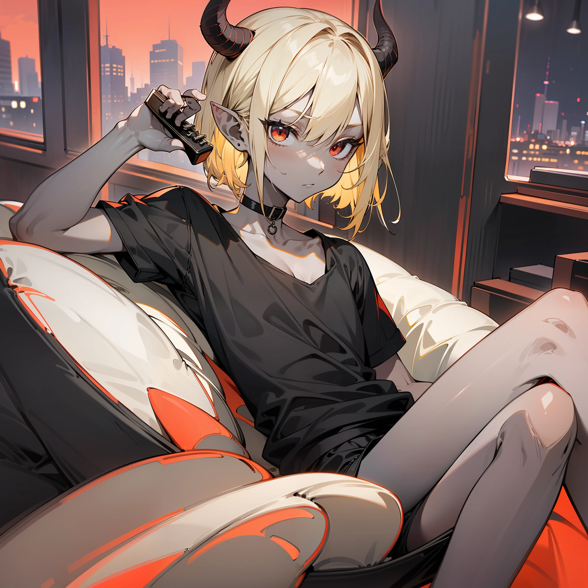 young man, twink, (((male))), (((man))), (((one person))), ((single)), ((solo)), ((1guy)), (((light blonde hair))), ((medium short hair)), (chin-length hair), (straight hair), (((red colored eyes))), (((dark grey colored skin))), (((dark grey skin))), (dark grey-skinned), (dark-skinned), two horns on head, wearing a black choker, (((wearing a black oversized shirt))), wearing an oversized t-shirt, black clothes, loose t-shirt, bare legs, (((slim body))), (((flat chest))), sitting in front of a white sofa, white living room, (modern penthouse in the background), big window with view of the futuristic city, (pointy ears), long and thin tail, pointed tail, kpop style, futuristic background, futuristic style, street fashion, (black shorts), hotpants, holding a black guitar, (nighttime)