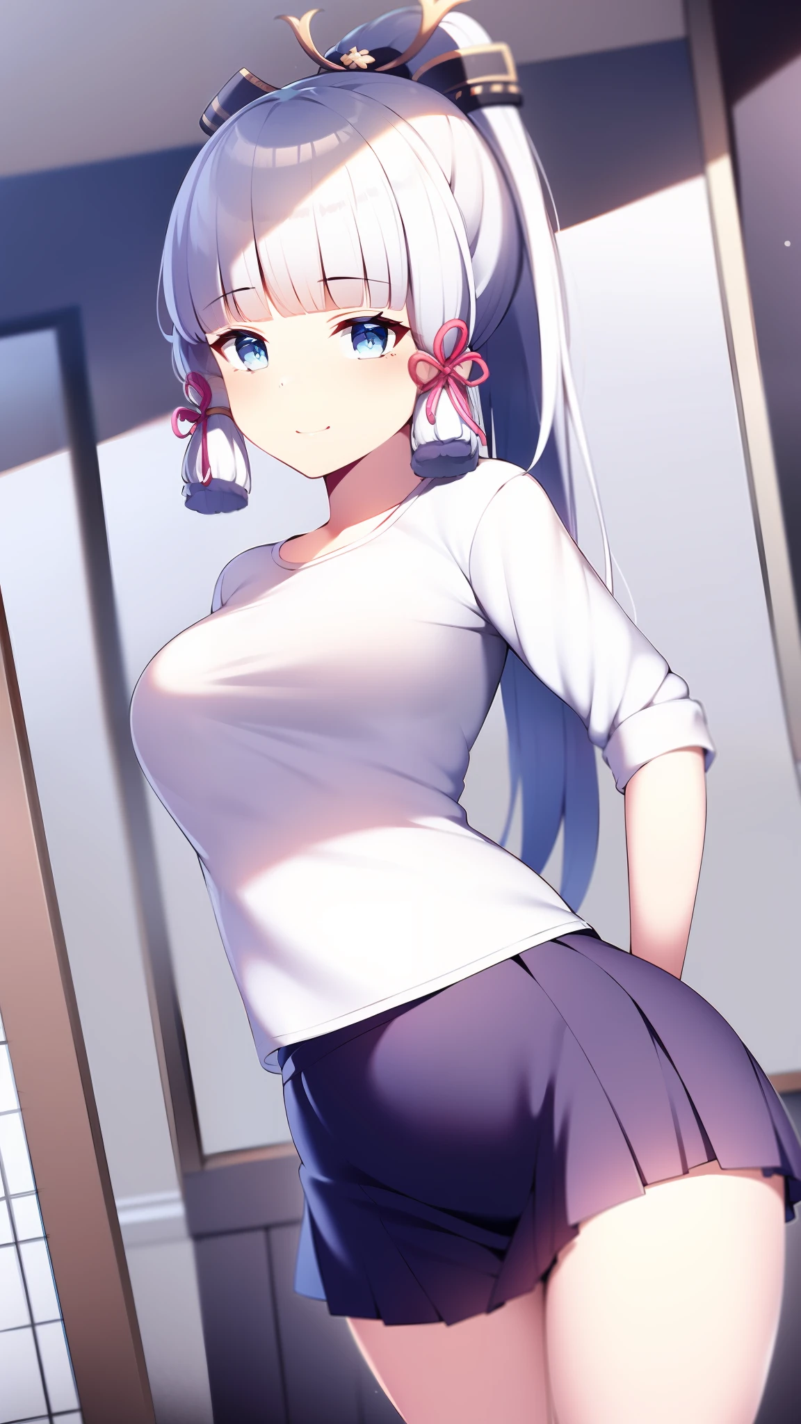 (masterpiece, best quality, ultra-detailed, illustration),genshin impact, kamisato, 1girl,solo,ayaka hair ornament,cowboy shot,ponytail, blunt bangs,blue eyes, smile, closed mouth, eyebrows visible through hair, long hair, silver hair, looking at viewer, indoors,medium breasts,shirt, skirt,