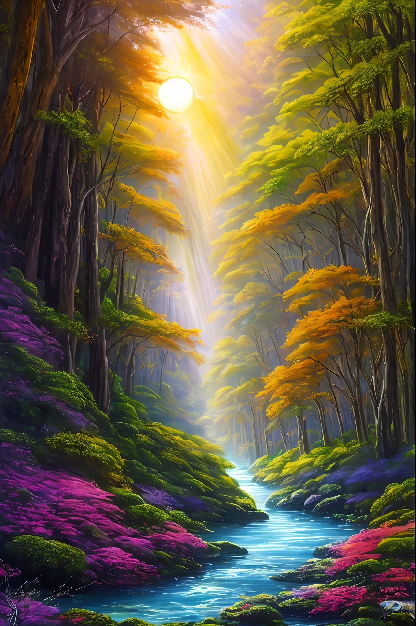 a cosmic amazon mystical forest, enchanted flora, fantasy art, realistic sun rays