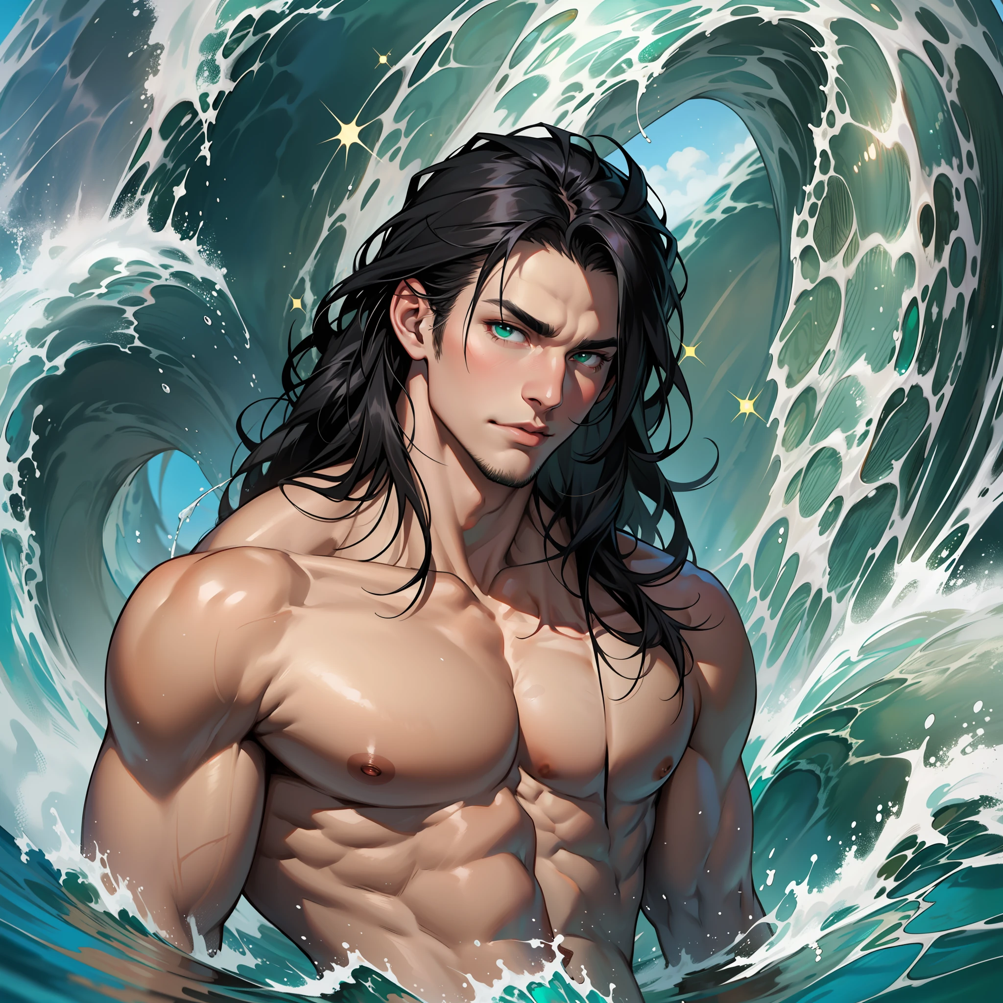 I have jet black hair that flows past my shoulders in waves. It is usually tied behind me on top of my head with a red ribbon. My eyes are emerald green, they sparkle like the sea at night when they catch the light. My skin is the colour of honey, and I stand at just over six foot tall. Handsome male, bara