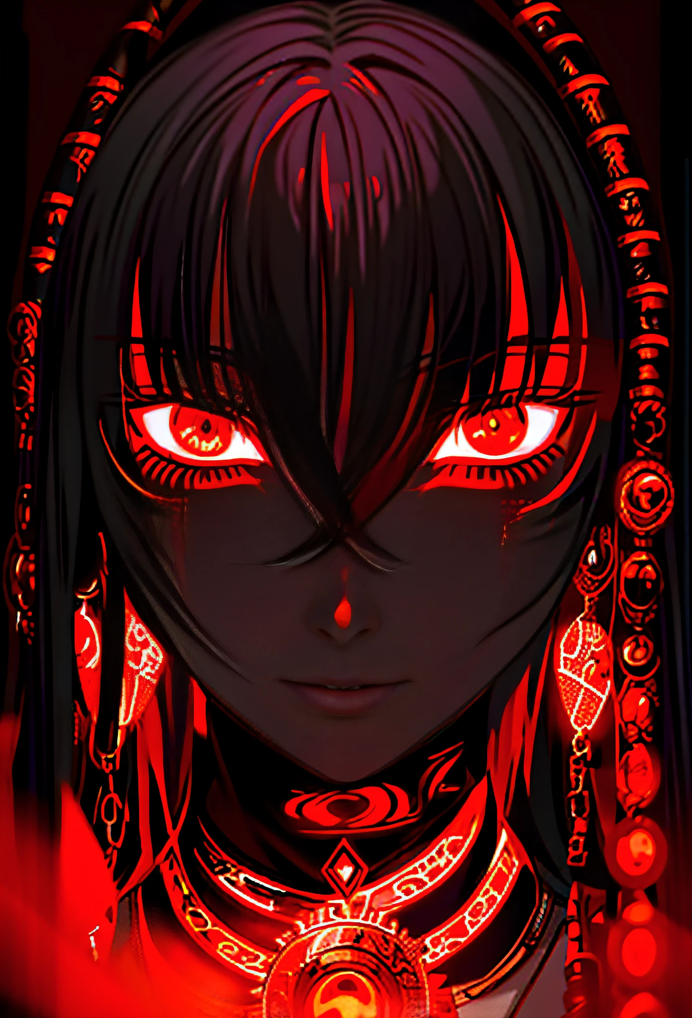 a close up of a woman with long hair and red eyes, with glowing red eyes, with red glowing eyes, red eyes glowing, black anime pupils in her eyes, anime style 4 k, stunning anime face portrait, glowing red eyes, with glowing eyes, with glowing yellow eyes, rossdraws | afrofuturism, with red eyes, glowing orange eyes, red glowing eyes