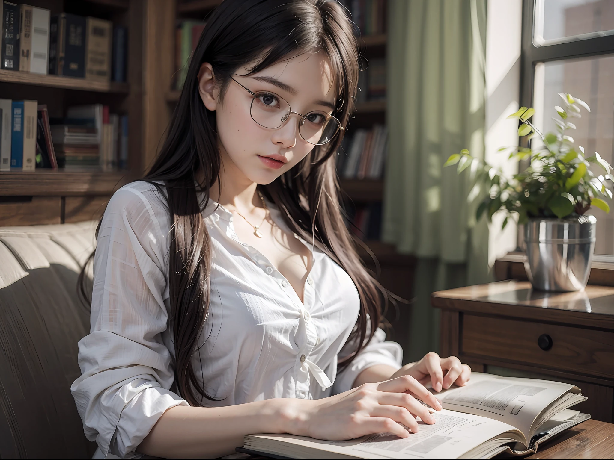 20 yo woman, brunette color hair, Short ponytail, thin frame glasses, Thinking face, (Wear an open button shirt, Medium breasts with), Sat down, Learn, BREAK BREAK BREAK, lying on sofa, opened book, book, BREAK BREAK BREAK, in living room, Wall decoration, Mini library, glass window, wall clock, BREAK BREAK BREAK, cinematric light, realisticlying, tmasterpiece, Best quality at best, Complex CG,Highly detailed face,High detail eyes,