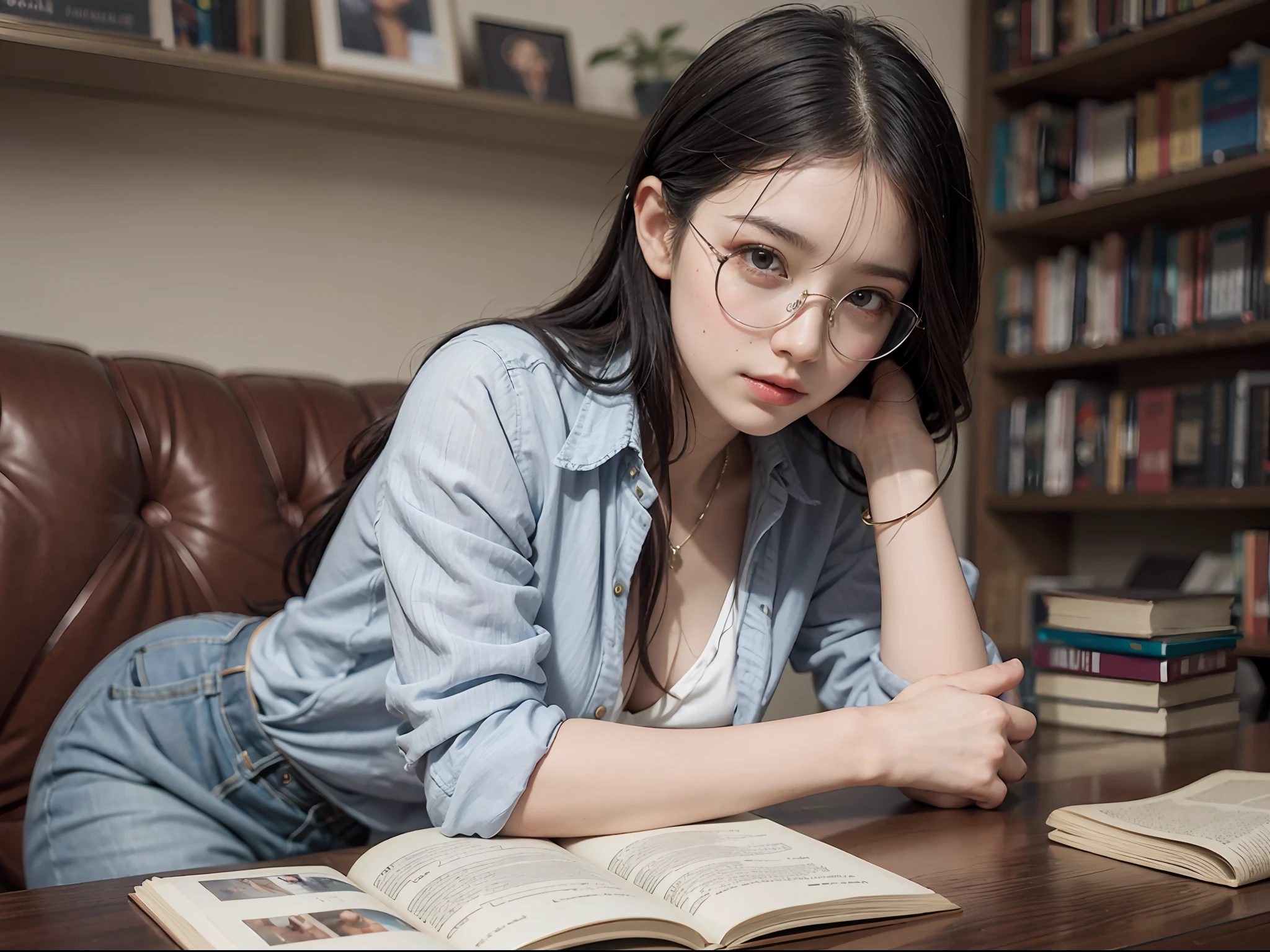 20 yo woman, brunette color hair, Short ponytail, thin frame glasses, Thinking face, (Wear an open button shirt, Medium breasts with), Sat down, Learn, BREAK BREAK BREAK, lying on sofa, opened book, book, BREAK BREAK BREAK, in living room, Wall decoration, Mini library, glass window, wall clock, BREAK BREAK BREAK, cinematric light, realisticlying, tmasterpiece, Best quality at best, Complex CG,Highly detailed face,High detail eyes,