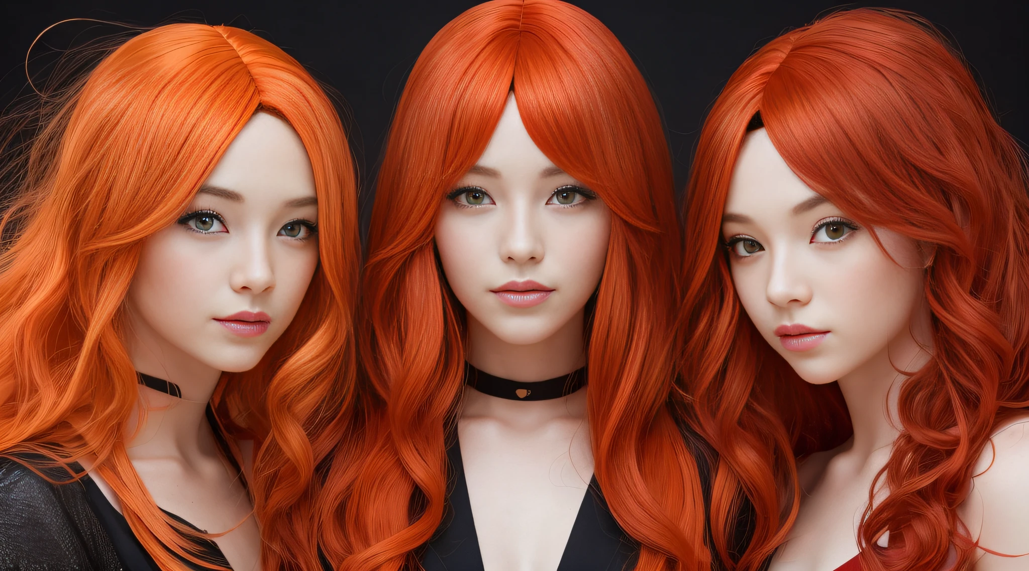 three girls with long red hair and red wigs posing for a picture, red glowing hair, orange glowing hair, long glowing red hair, infrared hair, red hair girl, orange skin and long fiery hair, hair like fire, red hair and attractive features, long fire hair, long orange hair, perfect android girl family, by Bernardino Mei, fiery red hair