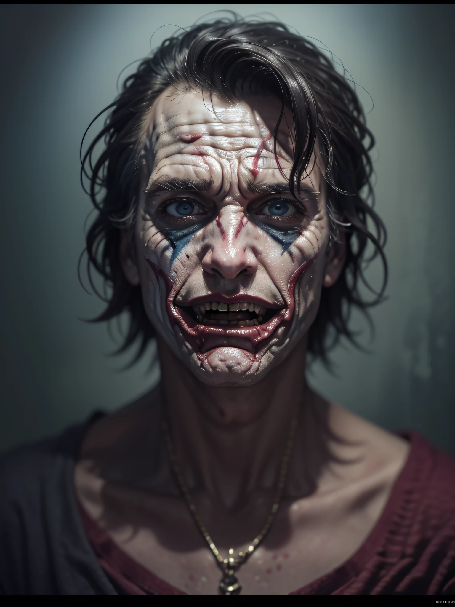A close-up joaquin phoenix Joker with the demonic face , arte detalhada da capa, pintura de terror, official poster artwork, horror!! altamente detalhado, vista de close-up |, tiro muito perto, Cartaz de Arte Macabro, close - up view, close-up view, Amazing!, fechar para cima, Foto de detalhe, Foto O Closeup, Arte do Pushead, Arte completa, Closeup!! Theme of diabolical possession