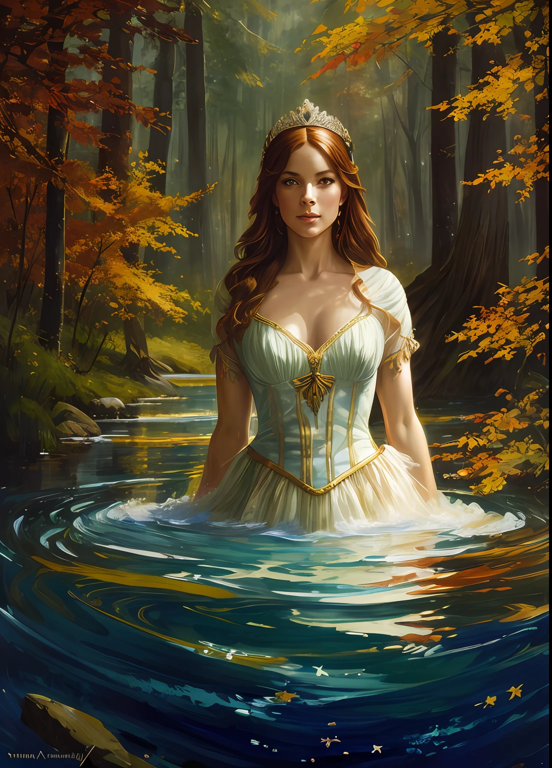 master part, best quality, nordic queen bathing in a lake in a forest below a star-filled night sky, appearing from paint to colored liquid oil, swirling ink, Cinematic lighting, Directed by: Karol Bak, Pose de corpo inteiro, ÂngelaBaby, ((pintura, lona, belas artes)), circunstanciado, (Arte de Fantasia), Fresco, ((Arte Digital)), (digital illustation), 4k, Colors of the Autun trend in ArtStation, trending in cgsociety, cinemactic, Agfacolor, low coloration, Norman Rockwell, Franz Xaver Winterhalter, Jeremy Mann, Artgerm, Ilya Kuvshinov, Anjos Cecile, Michael Garmash
