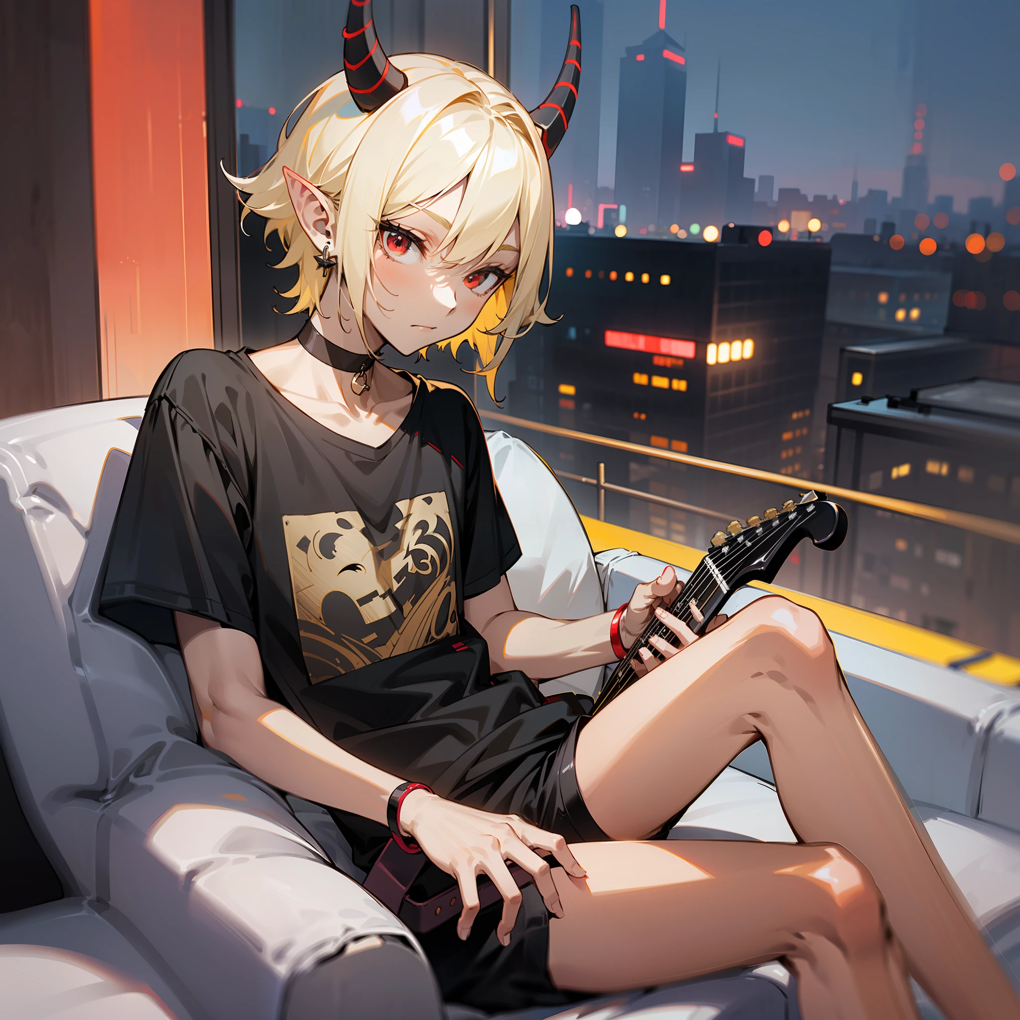 young man, twink, (((male))), (((man))), (((one person))), ((single)), ((solo)), ((1guy)), (((light blonde hair))), ((medium short hair)), (chin-length hair), (straight hair), (((red colored eyes))), (((dark grey colored skin))), (((dark grey skin))), (dark grey-skinned), (dark-skinned), two horns on head, wearing a black choker, (((wearing a black oversized shirt))), wearing an oversized t-shirt, black clothes, loose t-shirt, bare legs, (((slim body))), (((flat chest))), sitting in front of a white sofa, white living room, (modern penthouse in the background), big window with view of the futuristic city, (pointy ears), long and thin tail, pointed tail, kpop style, futuristic background, futuristic style, street fashion, (black shorts), hotpants, holding a black guitar, (nighttime)