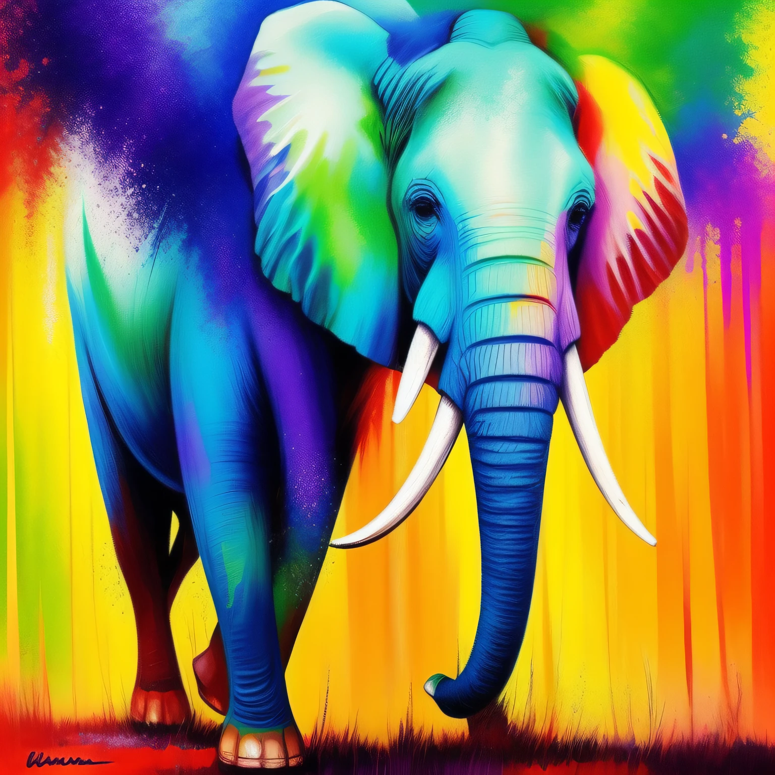 Pintar um elefante somente ele. Pintar estilo: "impressionismo", com cores vibrantes bem definidas em 8K.