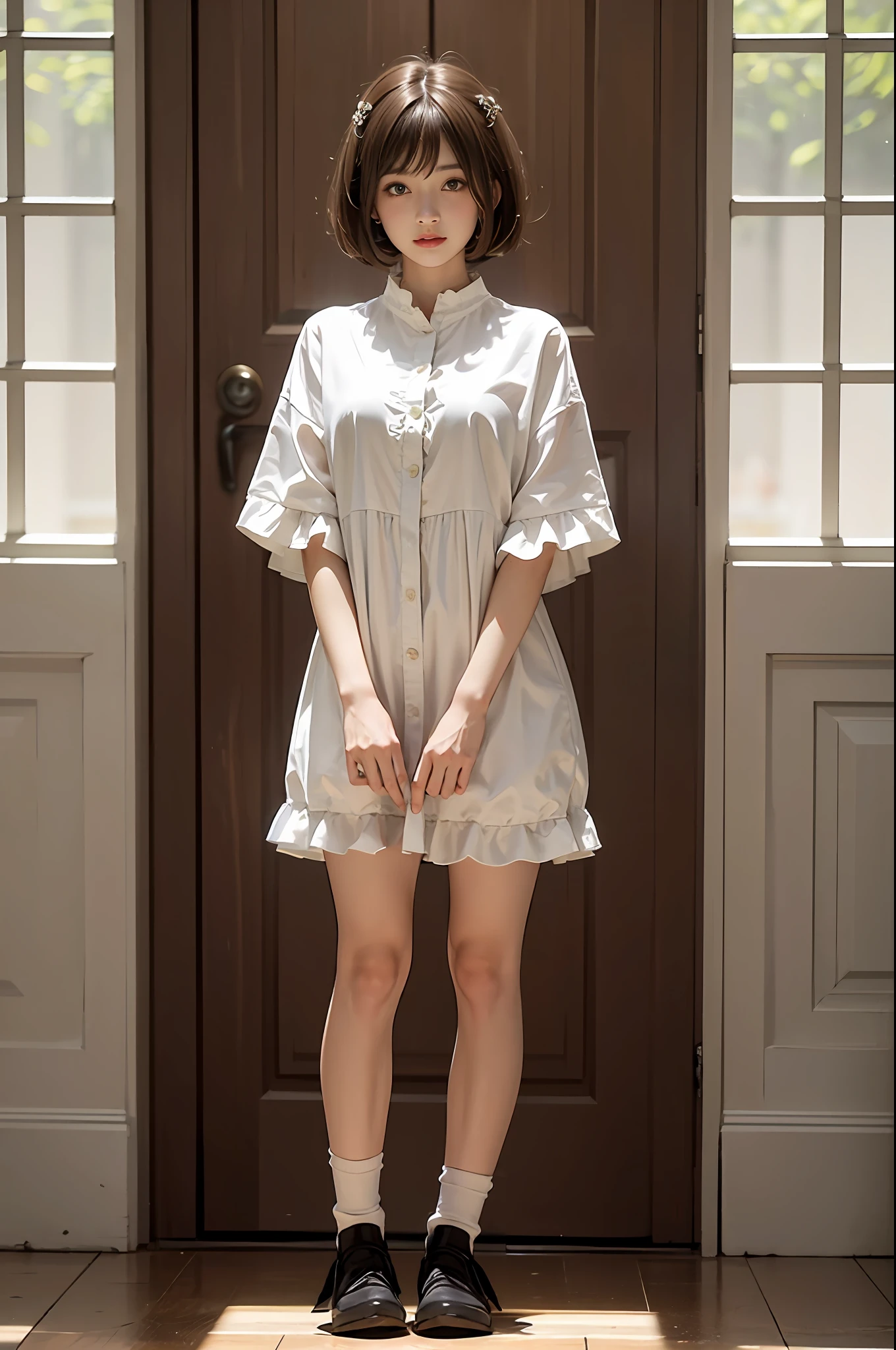 Photorealsitic, Bright indoor, Soft light, Low contrast, Shallow depth of field, Beautiful adult woman illuminated by gentle light, short length bangs, hair color is a dark chestnut shade with a slight brown tone, hair with a subtle and gentle wave, Short bob hair, (One Piece Shirt Dress), (Silk white ankle-length socks、with frills), (is standing:1.5), (Full body:1.5)