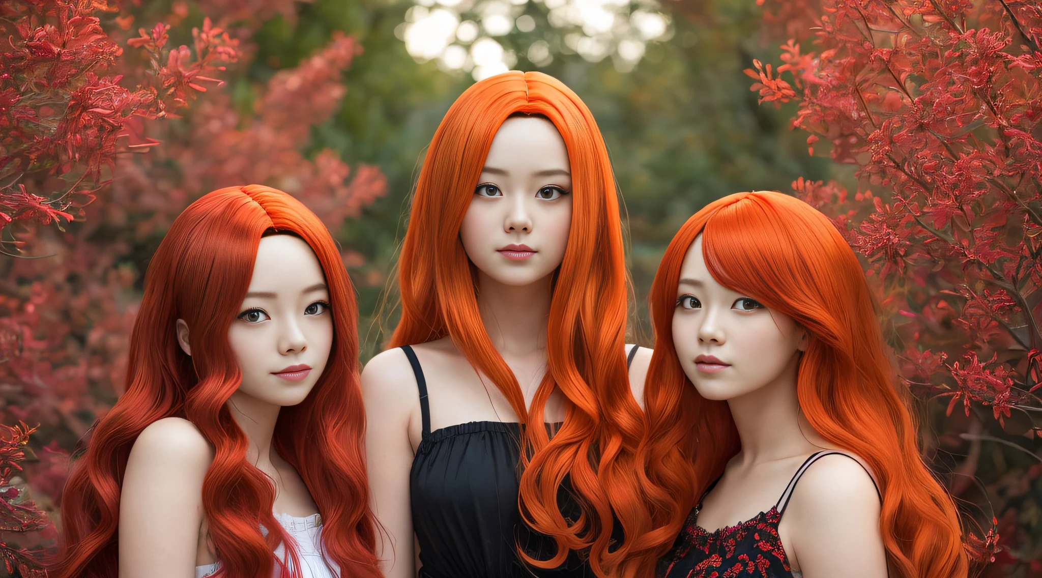 three girls with long red hair and red wigs posing for a picture, red glowing hair, orange glowing hair, long glowing red hair, infrared hair, red hair girl, orange skin and long fiery hair, hair like fire, red hair and attractive features, long fire hair, long orange hair, perfect android girl family, by Bernardino Mei, fiery red hair