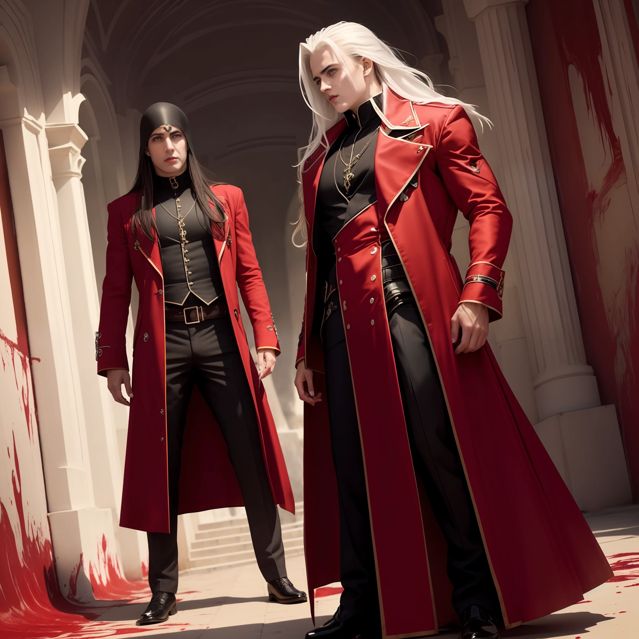 castelo branco sujo de sangue, olhos vermelhos, presas de vampiro, rosto bonito com cicatrizes