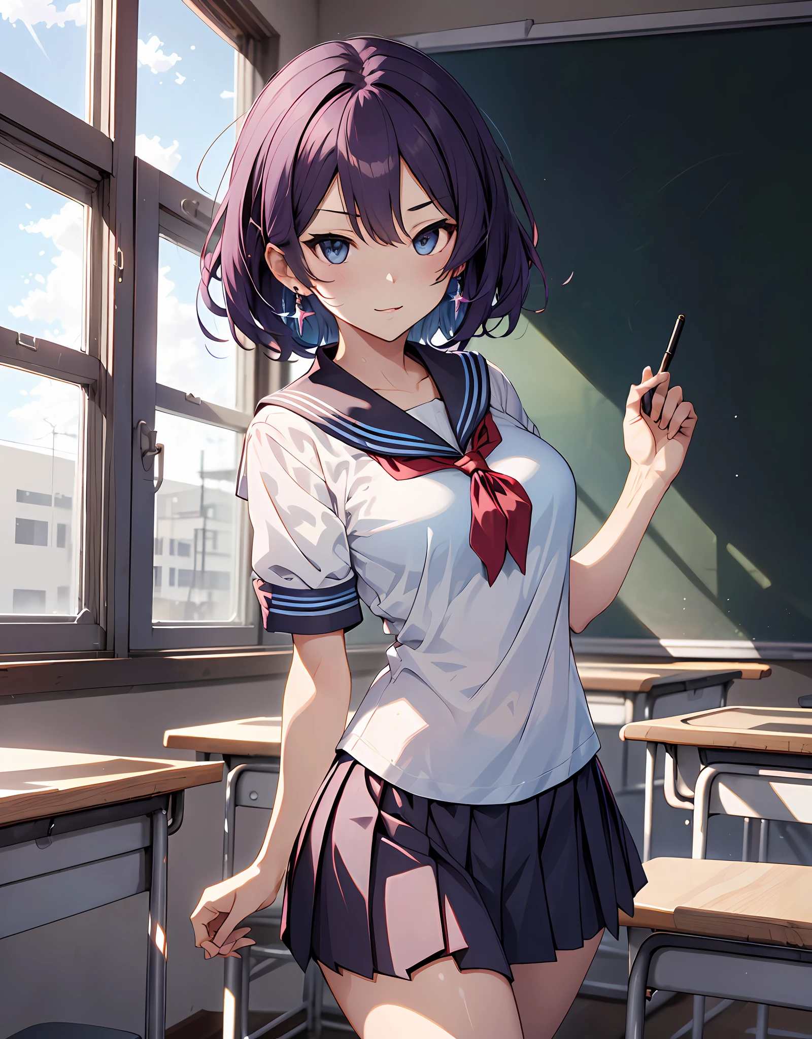 (masutepiece, Best Quality:1.37), hight resolution, Ultra-detailed, ultra-sharp, BREAK, Japan schoolgirl model, 1girl in, (Beautiful Anime Face, Cute face, Detailed face), (Purple hair, Short hair, Bangs), Blue eyes, Jewelry, earrings, Piercing, BREAK, ((Detailed High School Girl Uniform:1.5), (Detailed collard sailor shirt:1.3), (White tie:1.3), (Sky Blue Pleated Skirt:1.3), nice appearance, detailed clothes), lightsmile, Closed mouth, Parted lips, pink lipsticks, BREAK, Standing, arms behind the waist, Leaning forward, Cowboy Shot, detailed human hands, HDTV:1.2, ((detailed classroom background:1.3)), 8 life-size, slender, Anime style, Anime-style schoolgirl, Perfect Anatomy, perfectly proportions, Inspired by Kyoto Animation and A-1 photography, deep in the night, Excellent lighting, Bright colors, Clean lines, Photorealistic