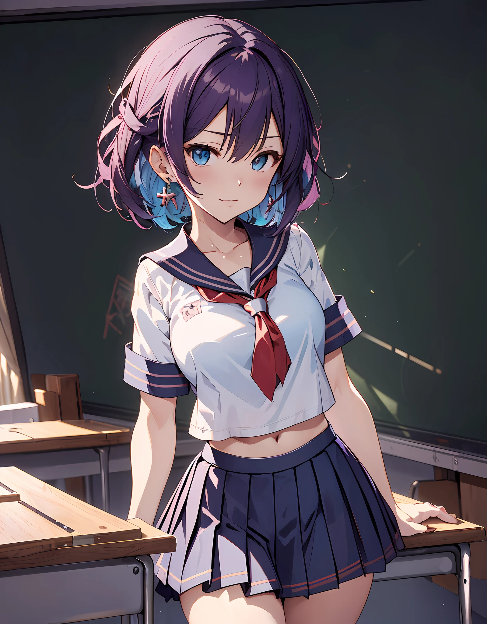 (masutepiece, Best Quality:1.37), hight resolution, Ultra-detailed, ultra-sharp, BREAK, Japan schoolgirl model, 1girl in, (Beautiful Anime Face, Cute face, Detailed face), (Purple hair, Short hair, Bangs), Blue eyes, Jewelry, earrings, Piercing, BREAK, ((Detailed High School Girl Uniform:1.5), (Detailed collard sailor shirt:1.3), (White tie:1.3), (Sky Blue Pleated Skirt:1.3), nice appearance, detailed clothes), lightsmile, Closed mouth, Parted lips, pink lipsticks, BREAK, Standing, arms behind the waist, Leaning forward, Cowboy Shot, detailed human hands, HDTV:1.2, ((detailed classroom background:1.3)), 8 life-size, slender, Anime style, Anime-style schoolgirl, Perfect Anatomy, perfectly proportions, Inspired by Kyoto Animation and A-1 photography, deep in the night, Excellent lighting, Bright colors, Clean lines, Photorealistic