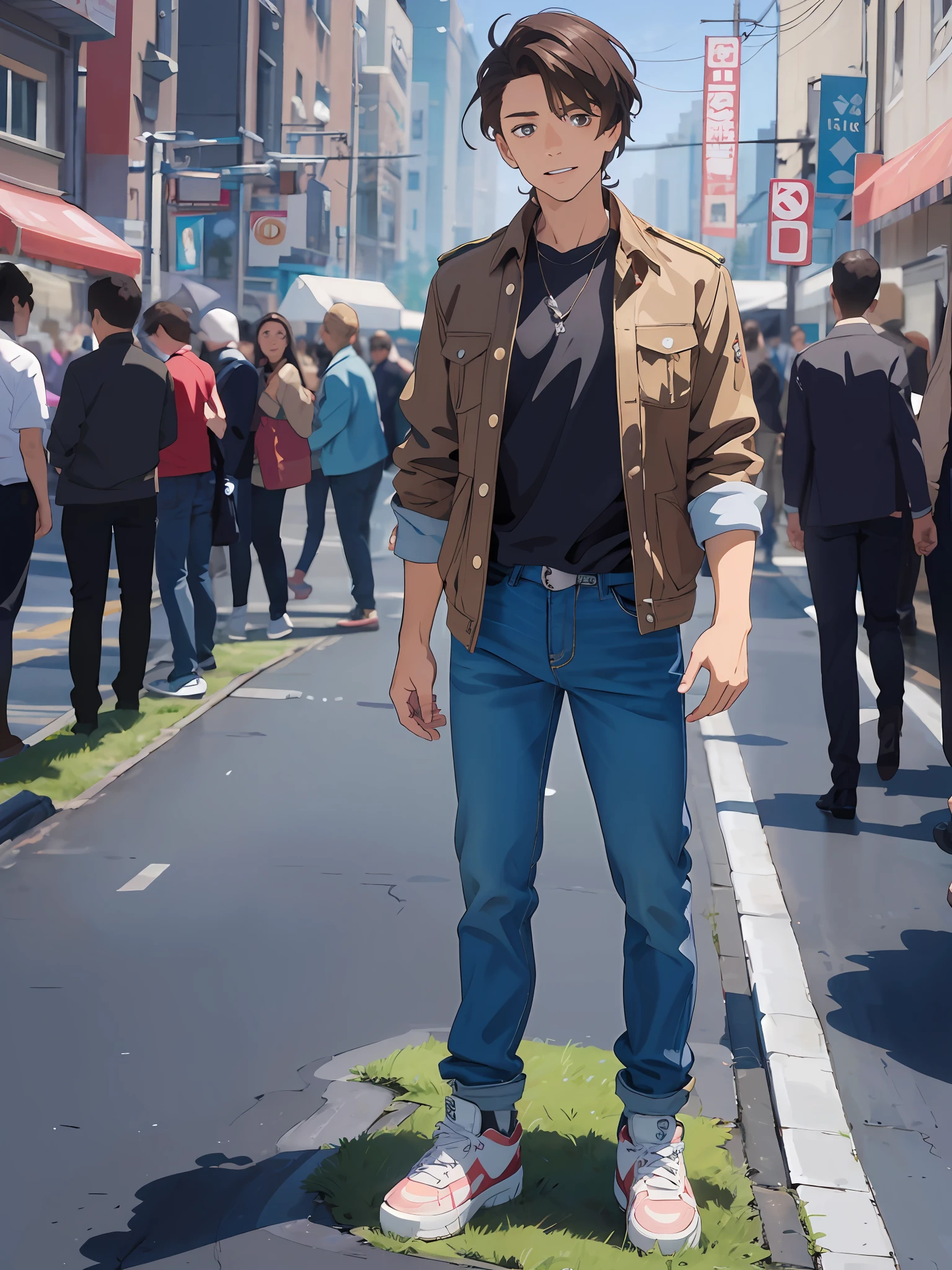 Homem de 17 anos com cabelos castanho escuro, olhos castanhos, lindos olhos, lindo sorriso, jaqueta preta, detalhe na jaqueta com a frase escrito ( @Thiago_arte_digital ), camiseta branca, Denim Jeans Pants, standing on the grass, em toda parte, lado a lado, olhando para os telespectadores, imagem ultra realista, imagem super detalhas, perfectly detailed facial expression, charismatic facial expression, High-resolution brown hair details, desgaste casual, esguio), (menino: 23 anos, cabelo curto, cabelo liso, Cabelo Moreno, franja, desgaste casual), Fund is Secretariat of Public Security, desenho diorama, anime, UHD, pele texturizada, alta qualidade, alto detalhe --auto --s2