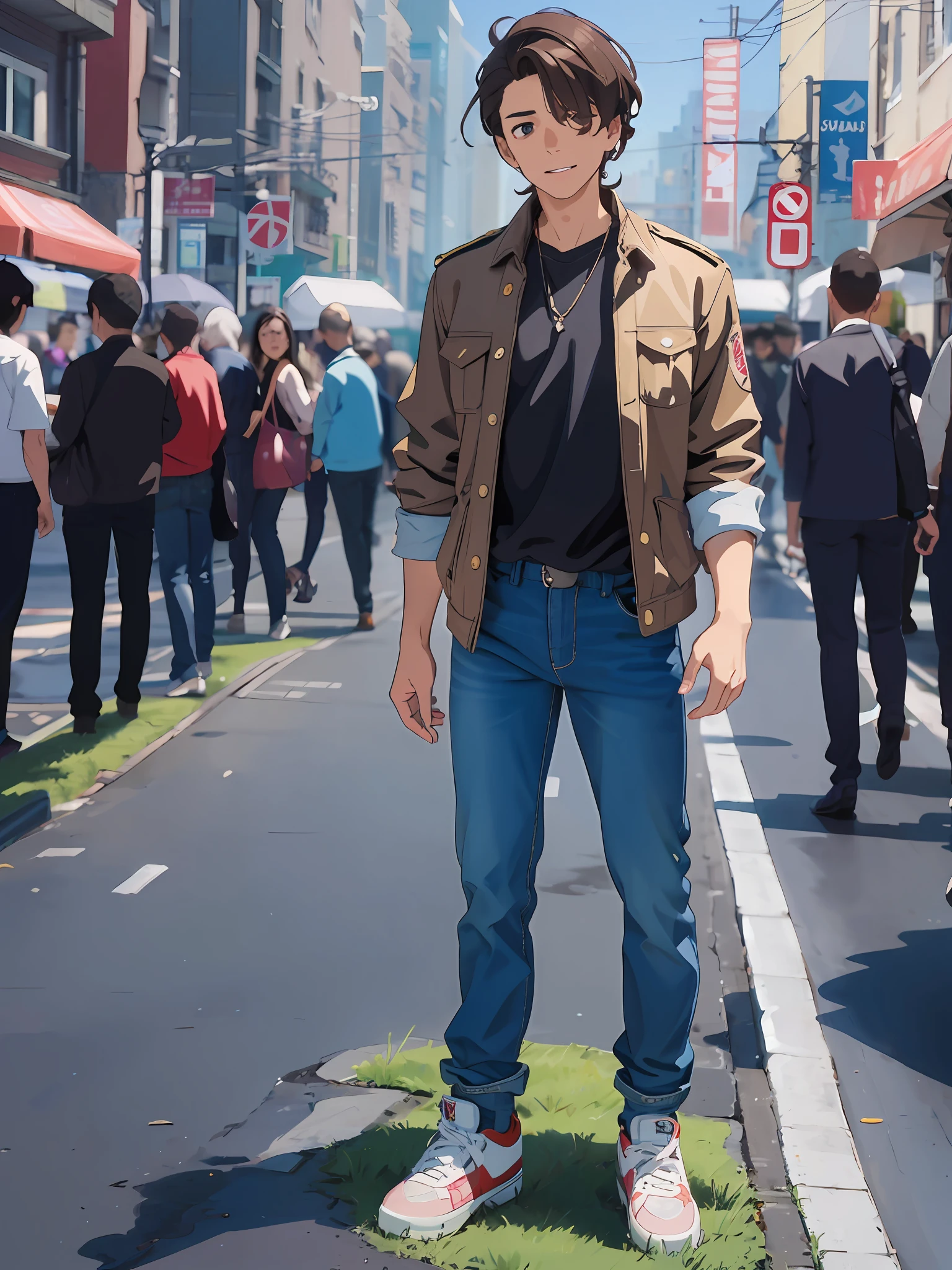 Homem de com cabelos castanho escuro, olhos castanhos, lindos olhos, lindo sorriso, jaqueta preta, detalhe na jaqueta com a frase escrito ( @Thiago_arte_digital ), camiseta branca, Denim Jeans Pants, standing on the grass, em toda parte, lado a lado, olhando para os telespectadores, imagem ultra realista, imagem super detalhas, perfectly detailed facial expression, charismatic facial expression, High-resolution brown hair details, desgaste casual, esguio), (menino:os, cabelo curto, cabelo liso, Cabelo Moreno, franja, desgaste casual), Fund is Secretariat of Public Security, desenho diorama, anime, UHD, pele texturizada, alta qualidade, alto detalhe --auto --s2
