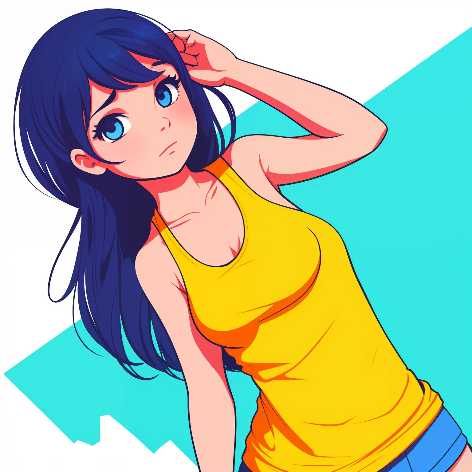 Drawing of a girl up to her waist with a tired expression on a white background. bright colours. digital art cartoon, full color illustration