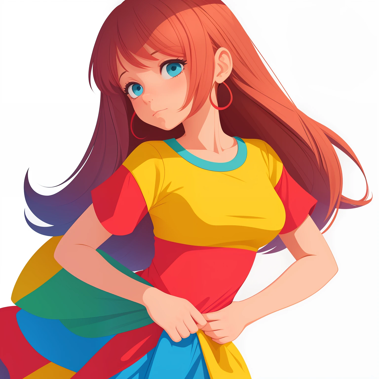 Drawing of a girl up to her waist with a tired expression on a white background. bright colours. digital art cartoon, full color illustration