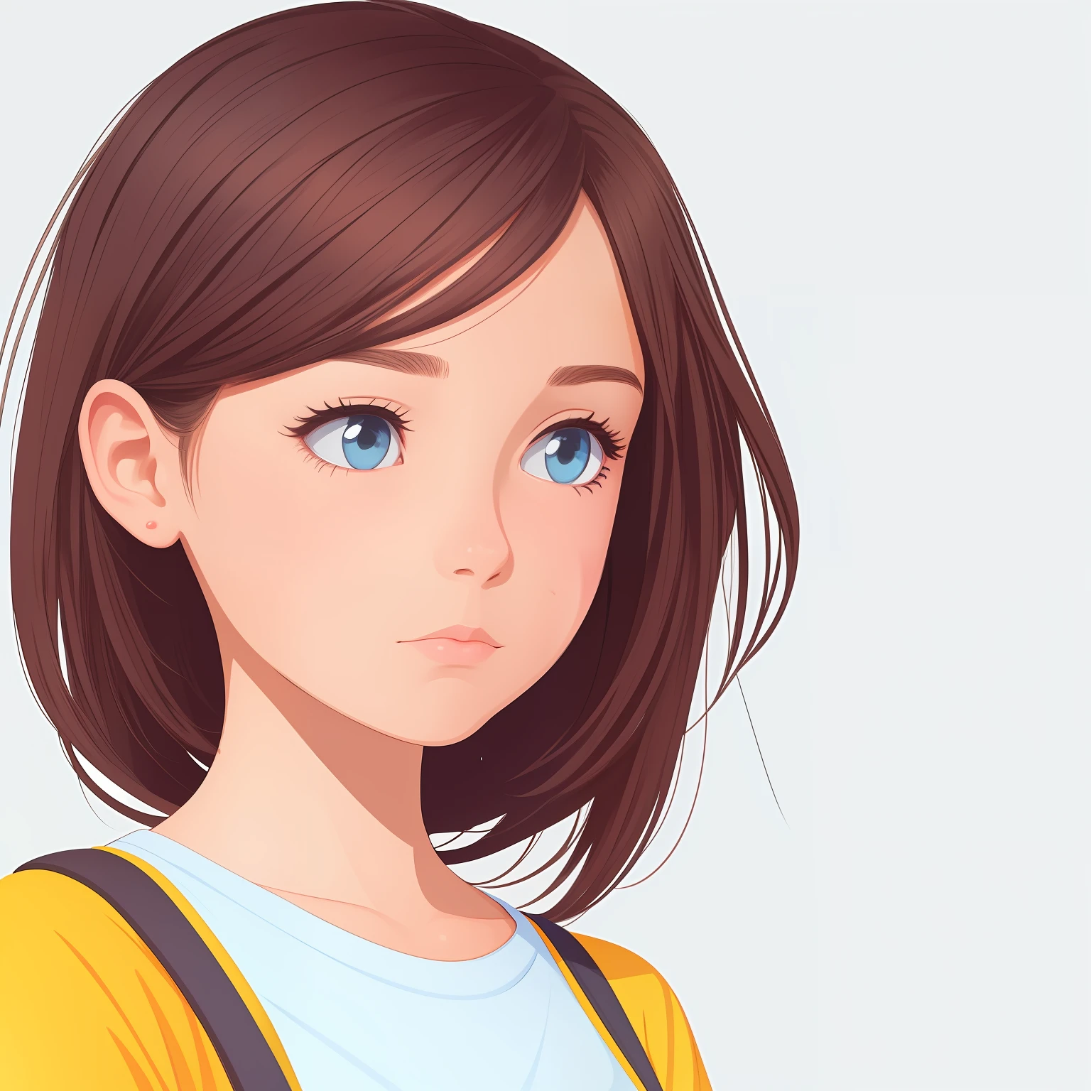 Drawing of a girl with a tired expression on a white background. Bright, but harmonious colors. waist-high. digital art cartoon, full color illustration