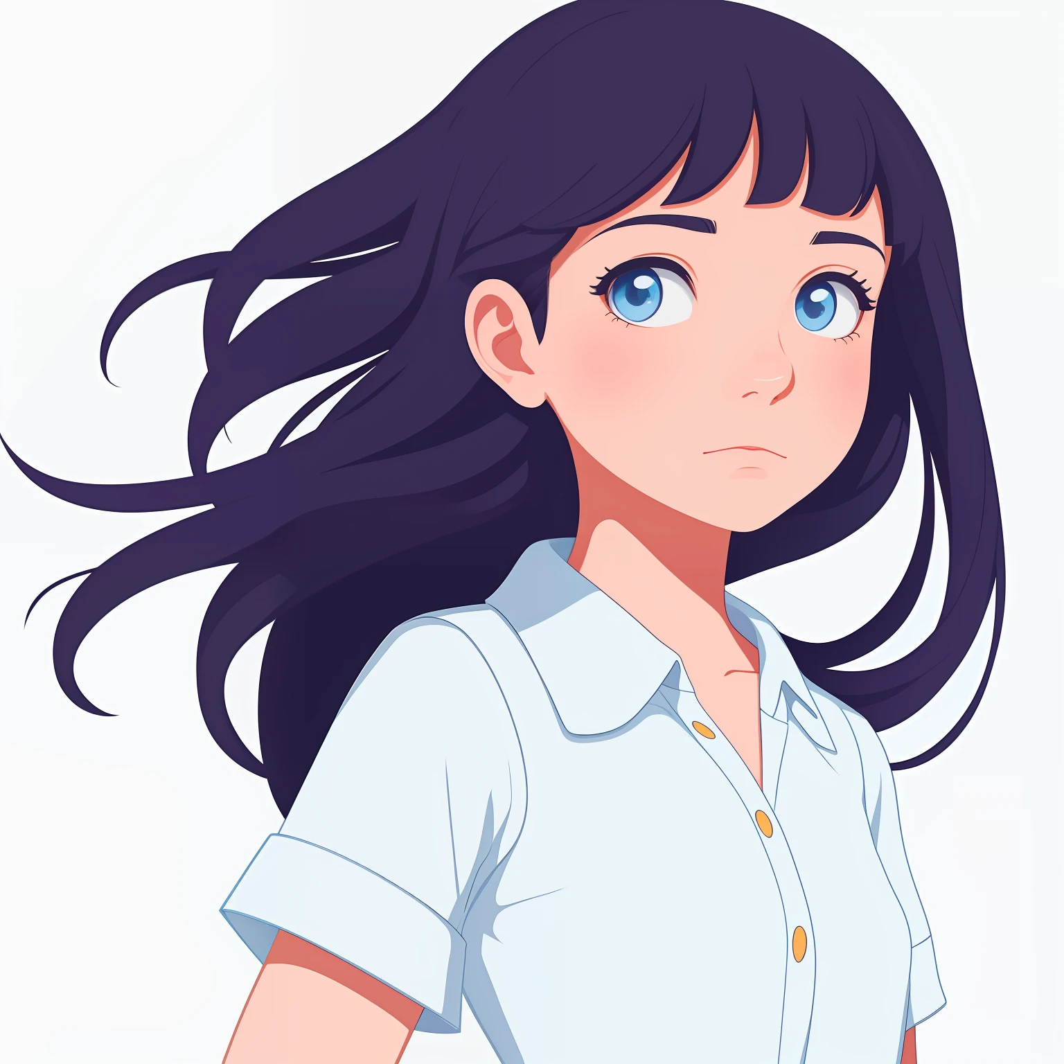 Drawing of a girl with a tired expression on a white background. Bright, but harmonious colors. waist-high. digital art cartoon, full color illustration