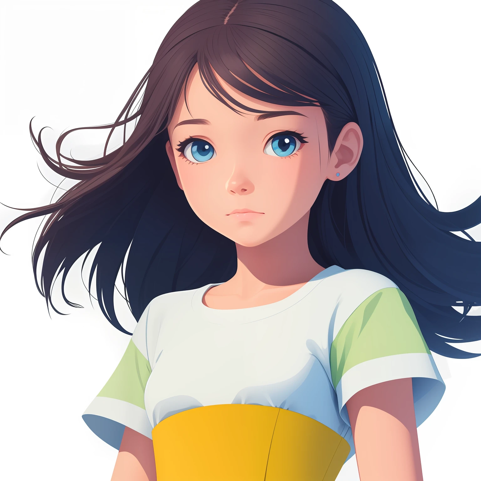Drawing of a girl with a tired expression on a white background. Bright, but harmonious colors. waist-high. digital art cartoon, full color illustration