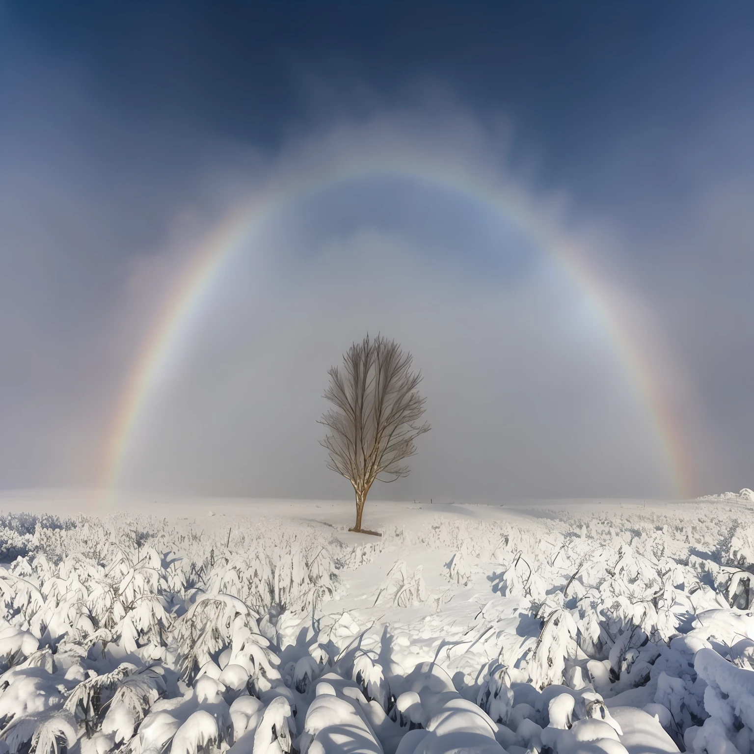 arafed tree in a snow covered field with a rainbow in the sky, brocken spectre, prismatic halo, moonbow, weather photography, white light halo, just one rainbow 8 k, ornamental halo, angelic halo, a glowing halo, in the middle of a snow storm, rainbow, glowing halo, snowy plains, ethereal rainbows, mystical setting --auto