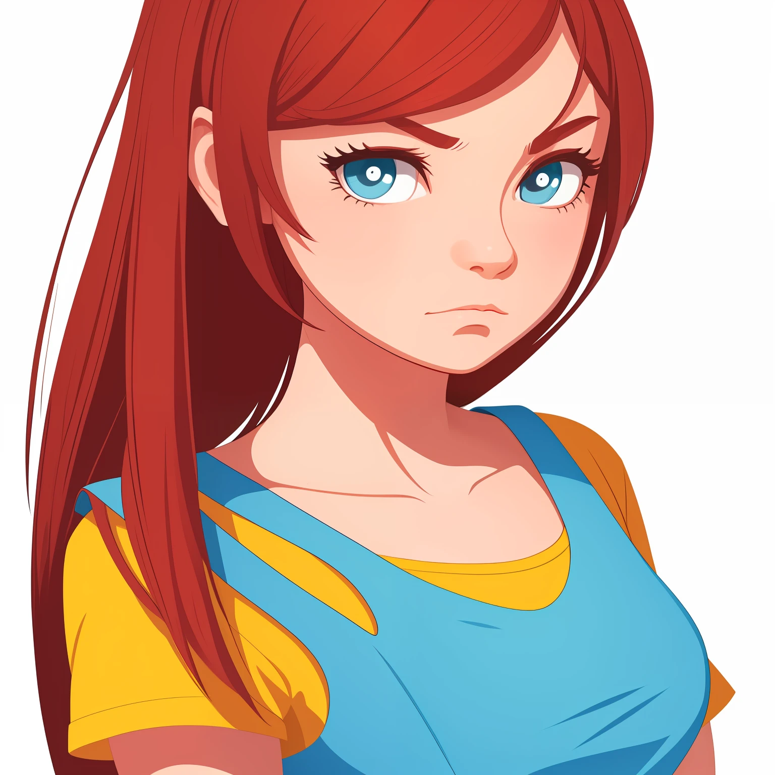Drawing of a girl with an irritated expression on a white background. Bright, but harmonious colors. waist-high. digital art cartoon, full color illustration